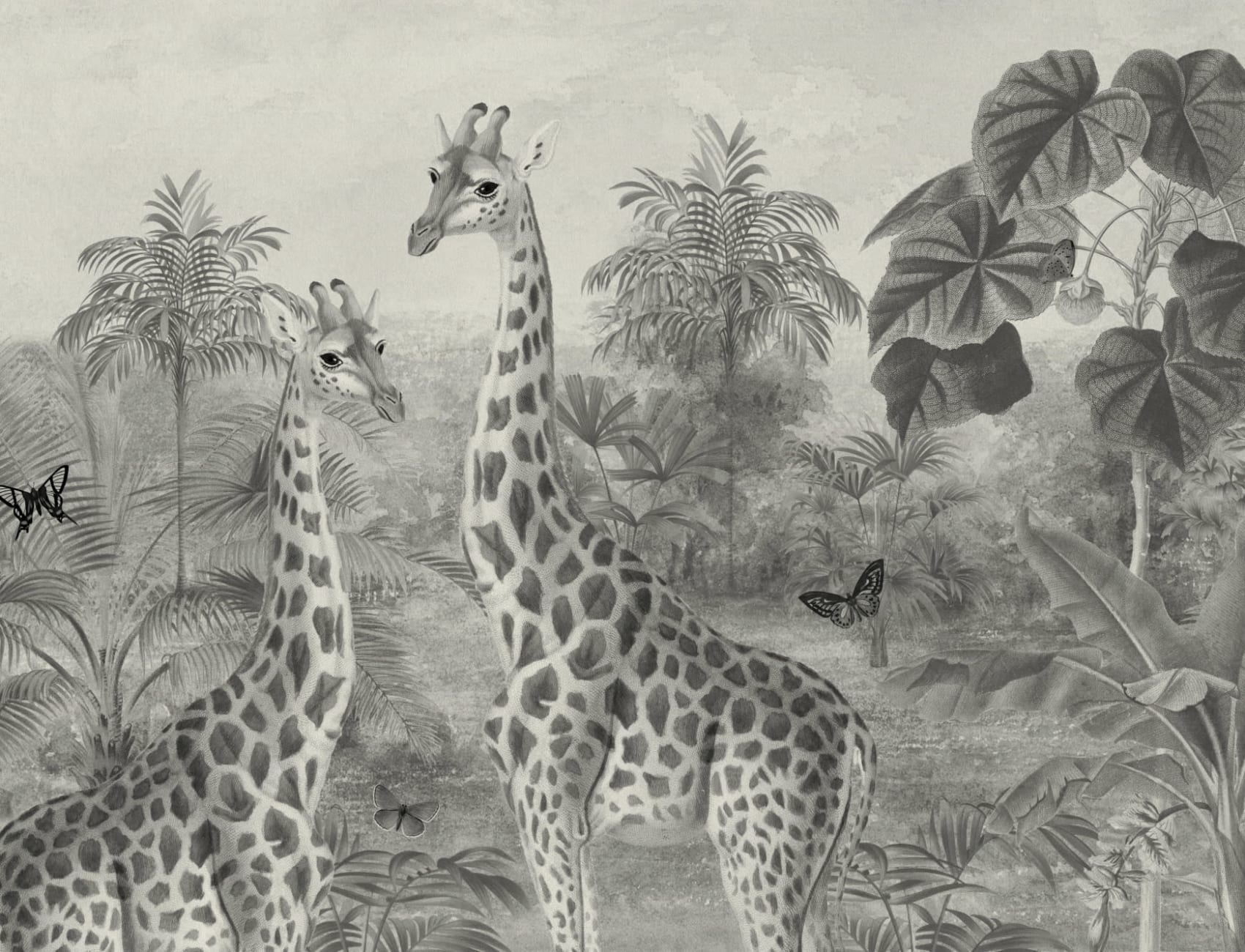 Grey Vintage Tropical Giraffe Illustration Mural