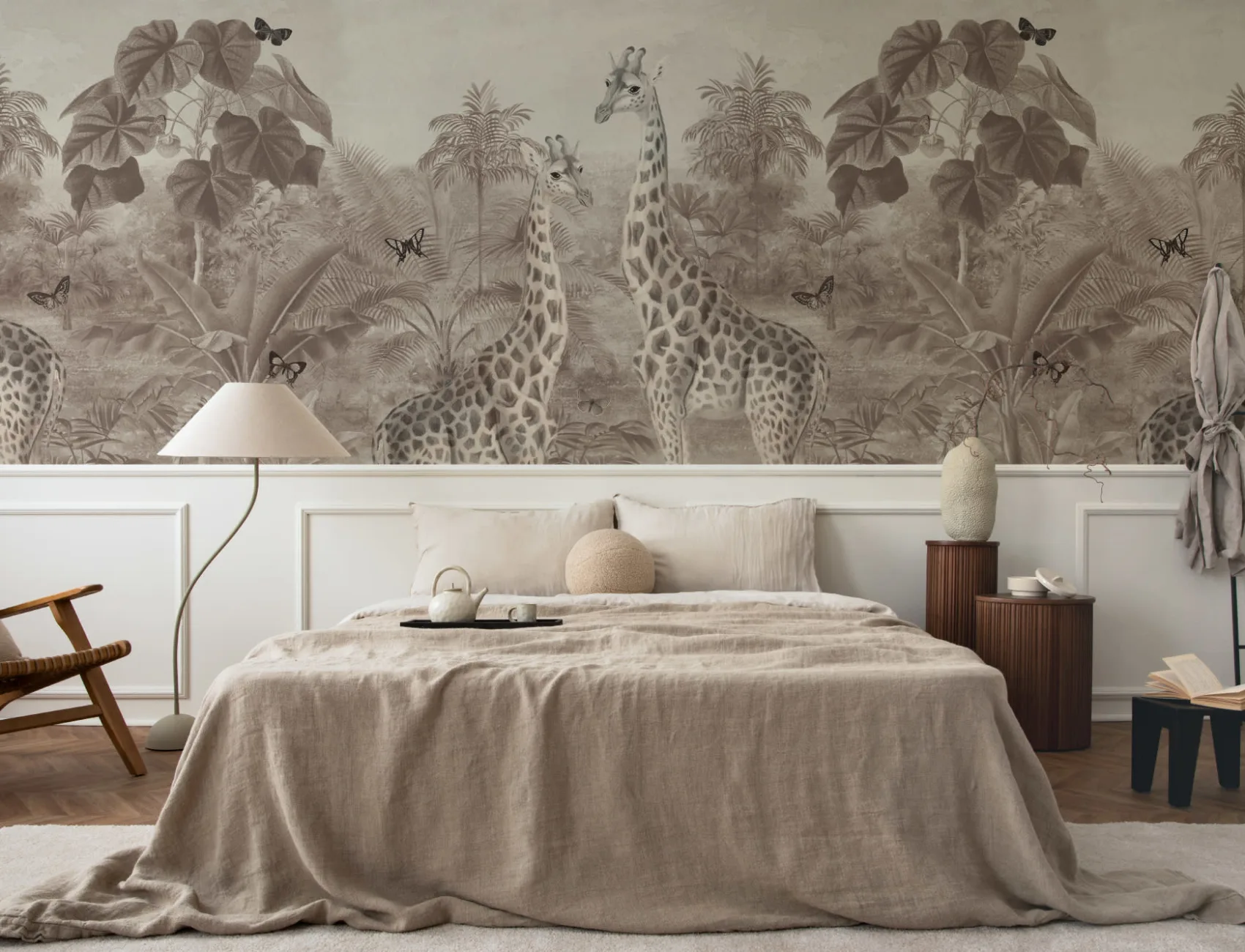 Beige Vintage Tropical Giraffe Illustration Mural