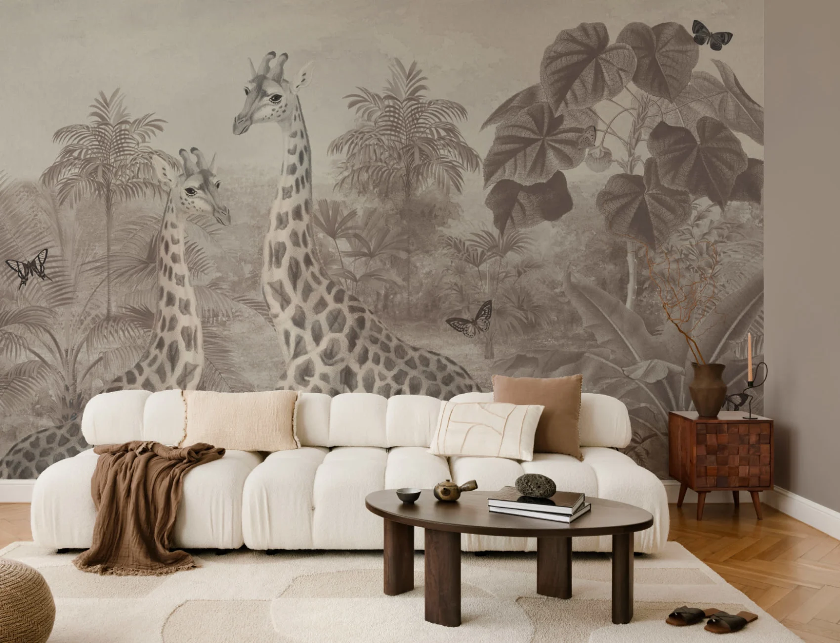 Beige Vintage Tropical Giraffe Illustration Mural