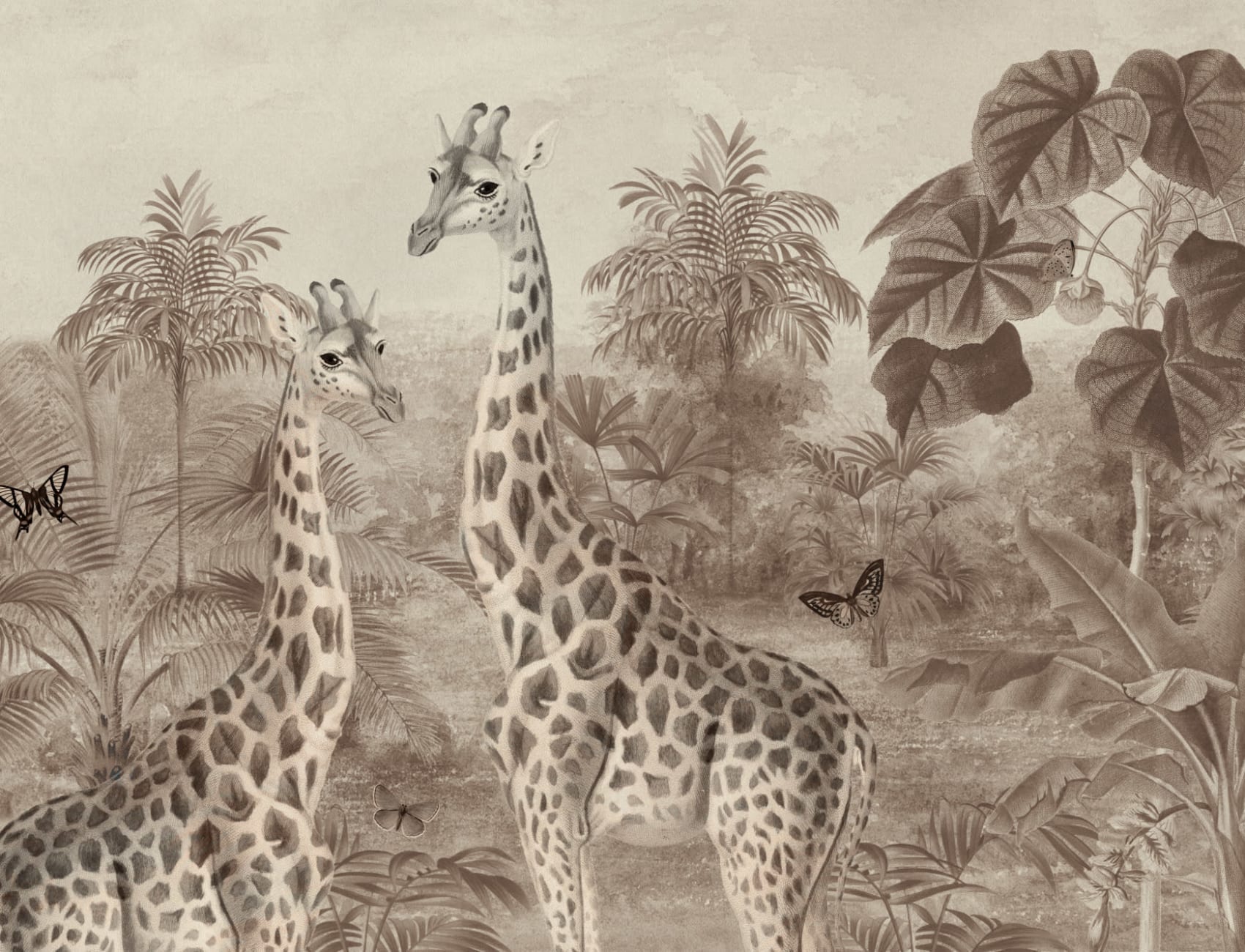 Beige Vintage Tropical Giraffe Illustration Mural