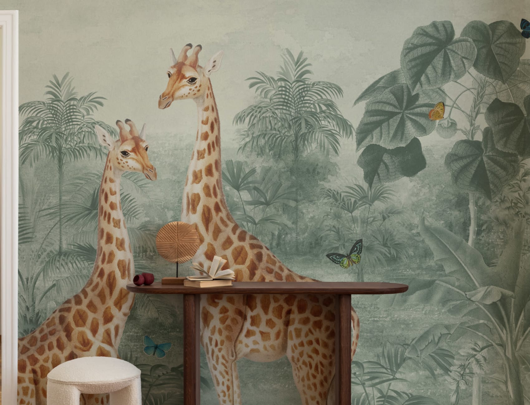 Green Vintage Tropical Giraffe Illustration Mural
