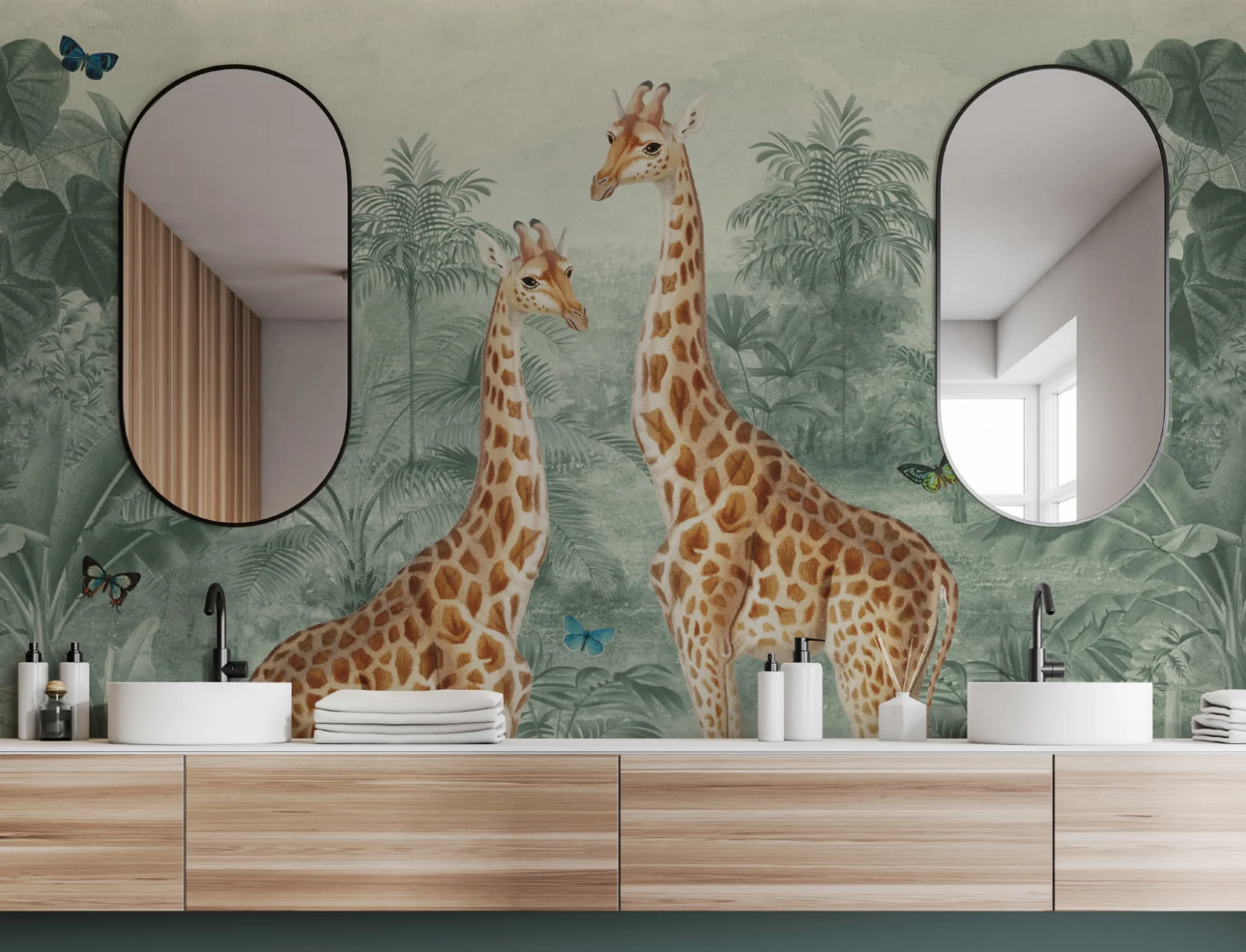 Green Vintage Tropical Giraffe Illustration Mural