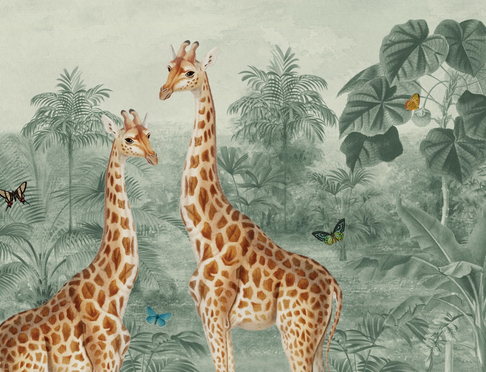 Green Vintage Tropical Giraffe Illustration Mural