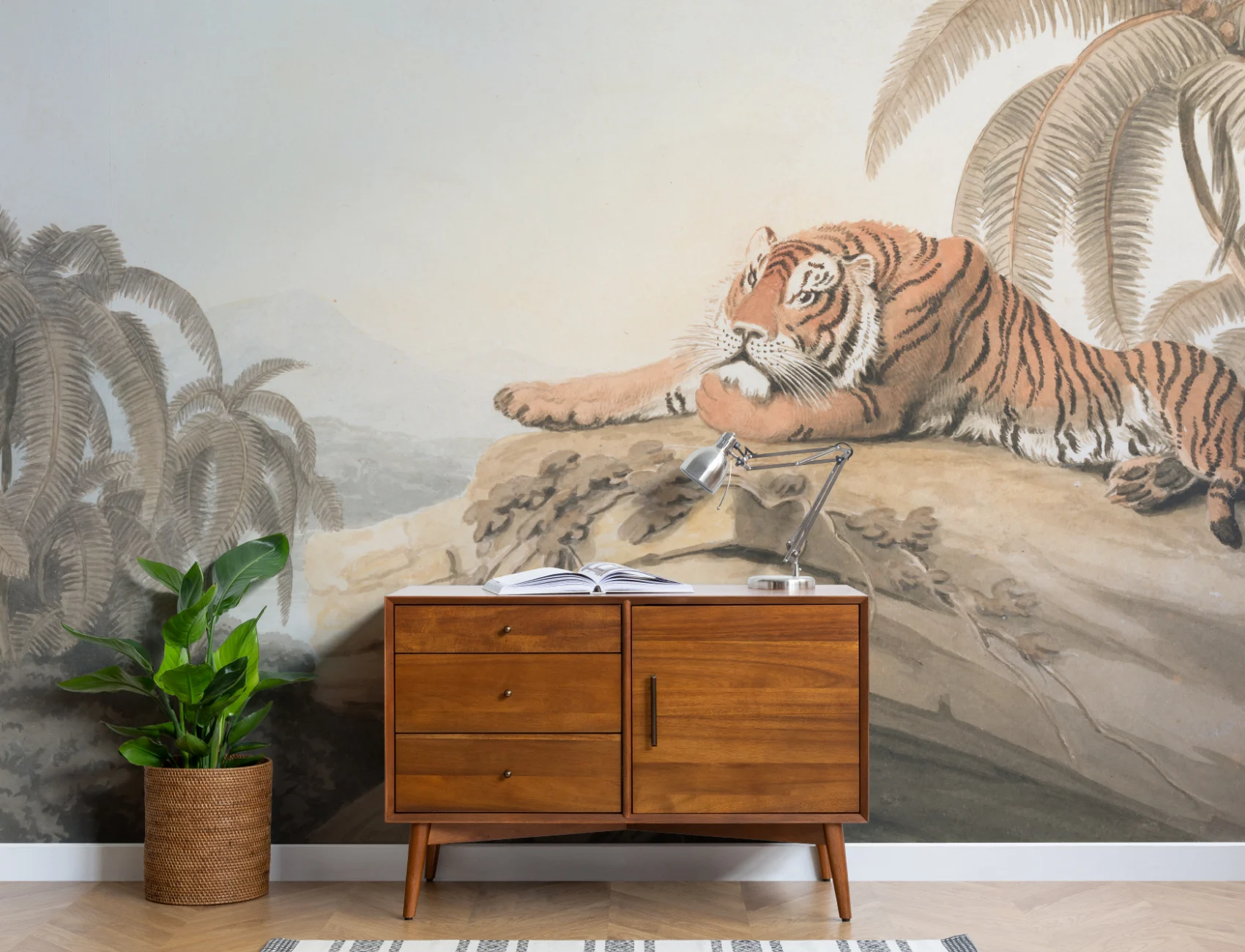 Murales de Papel Pintado ilustrado de tigre con paisaje tropical