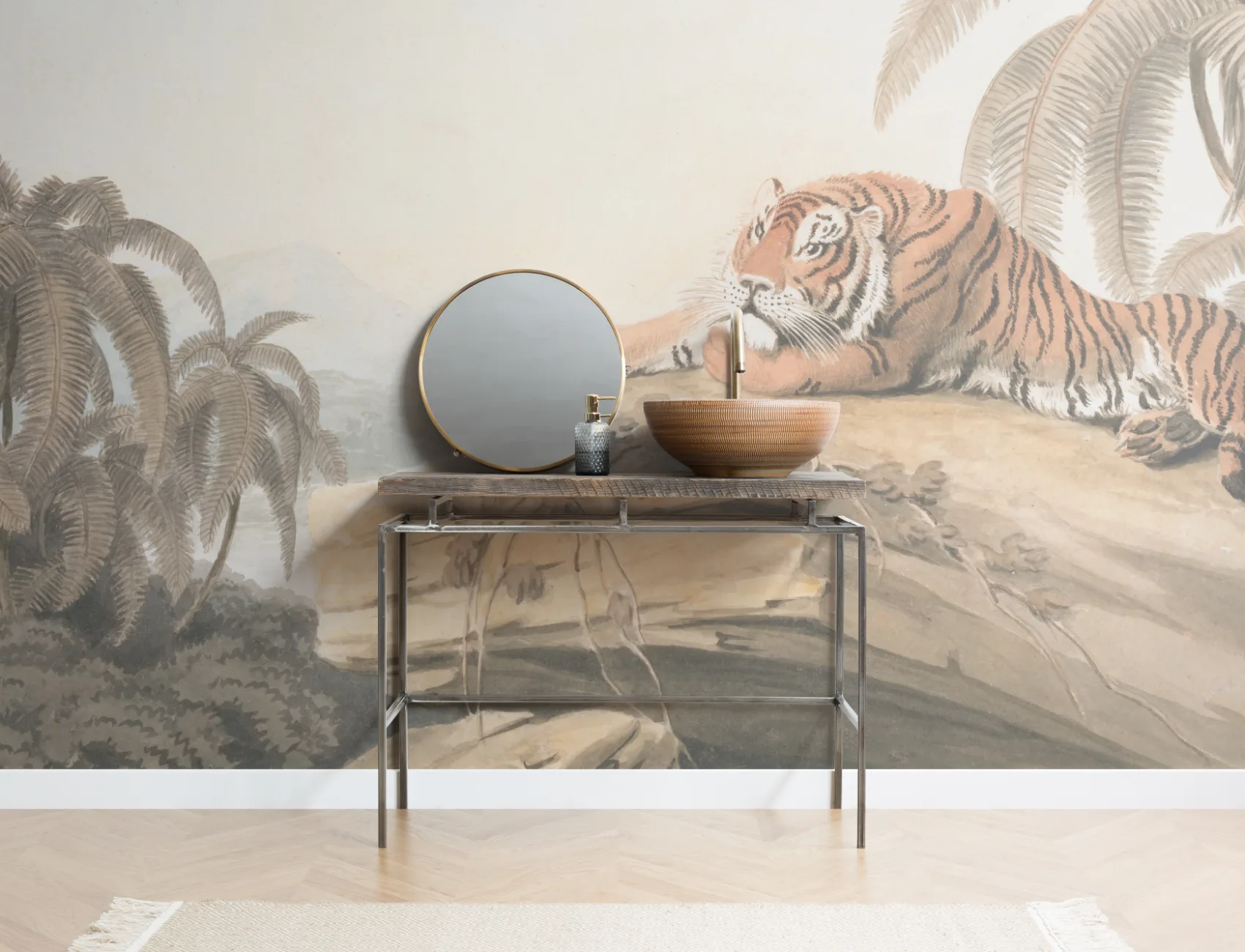 Murales de Papel Pintado ilustrado de tigre con paisaje tropical