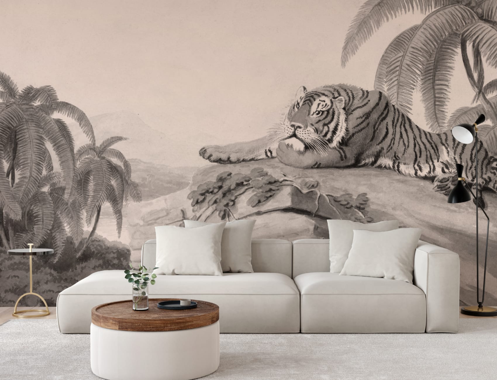 Gråt illustreret fototapet med tropisk landskab og tiger