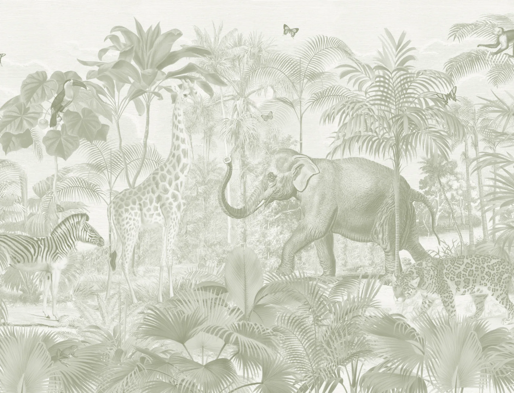 Verde asiatice Jungle animale acuarelă murale