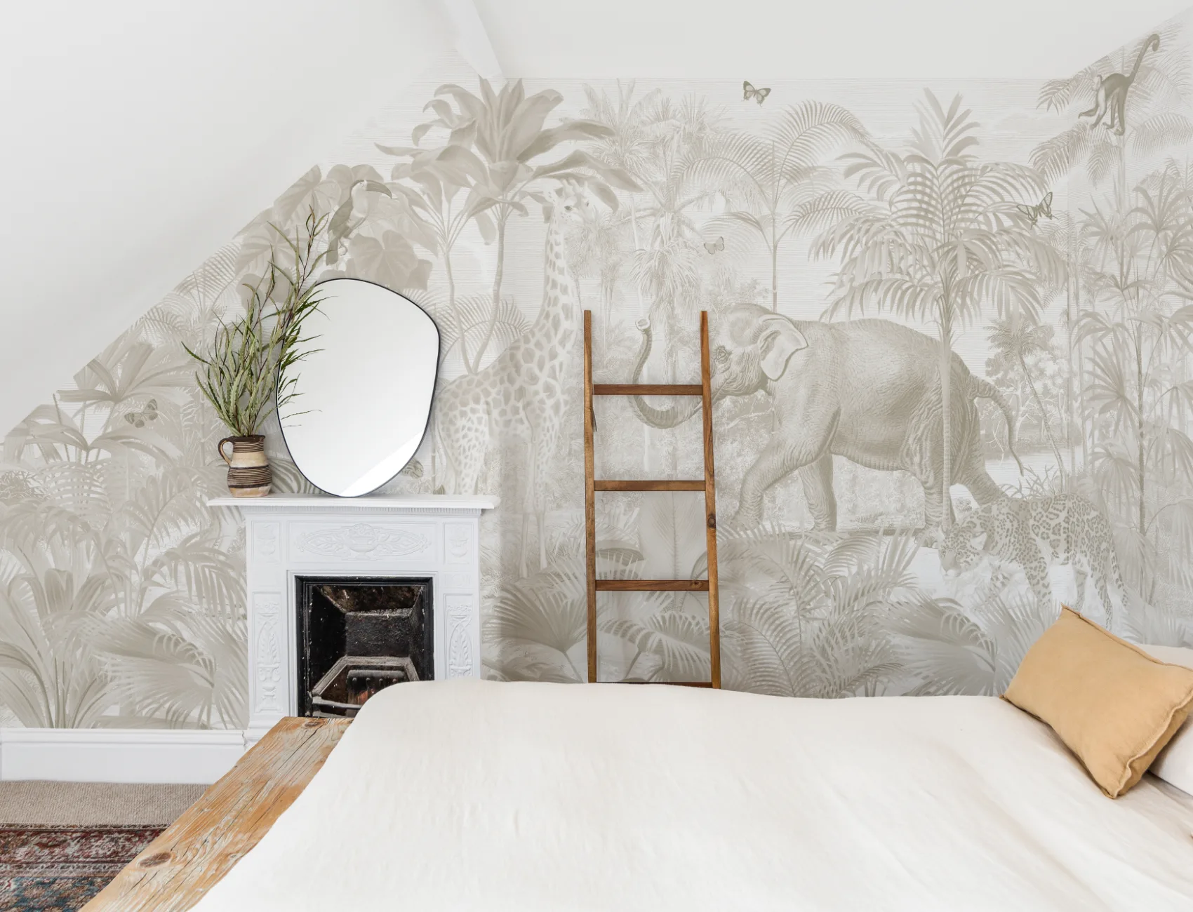 Neutral Asian Jungle Animals Watercolor Mural