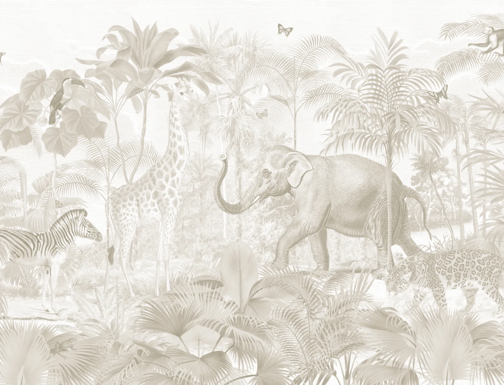 Neutral Asian Jungle Animals Watercolor Mural