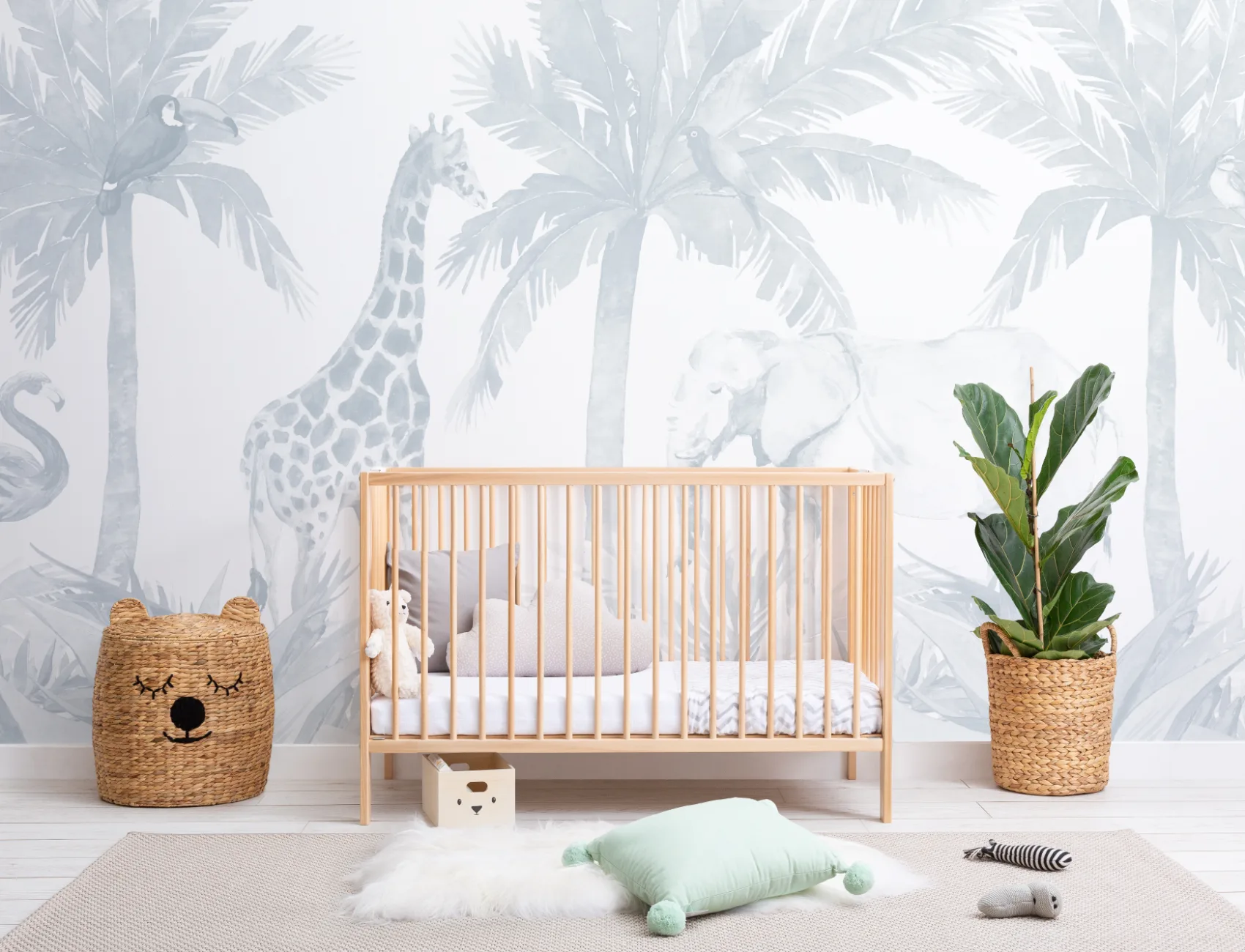 Blue Watercolor Jungle Nursery Wallpaper Mural
