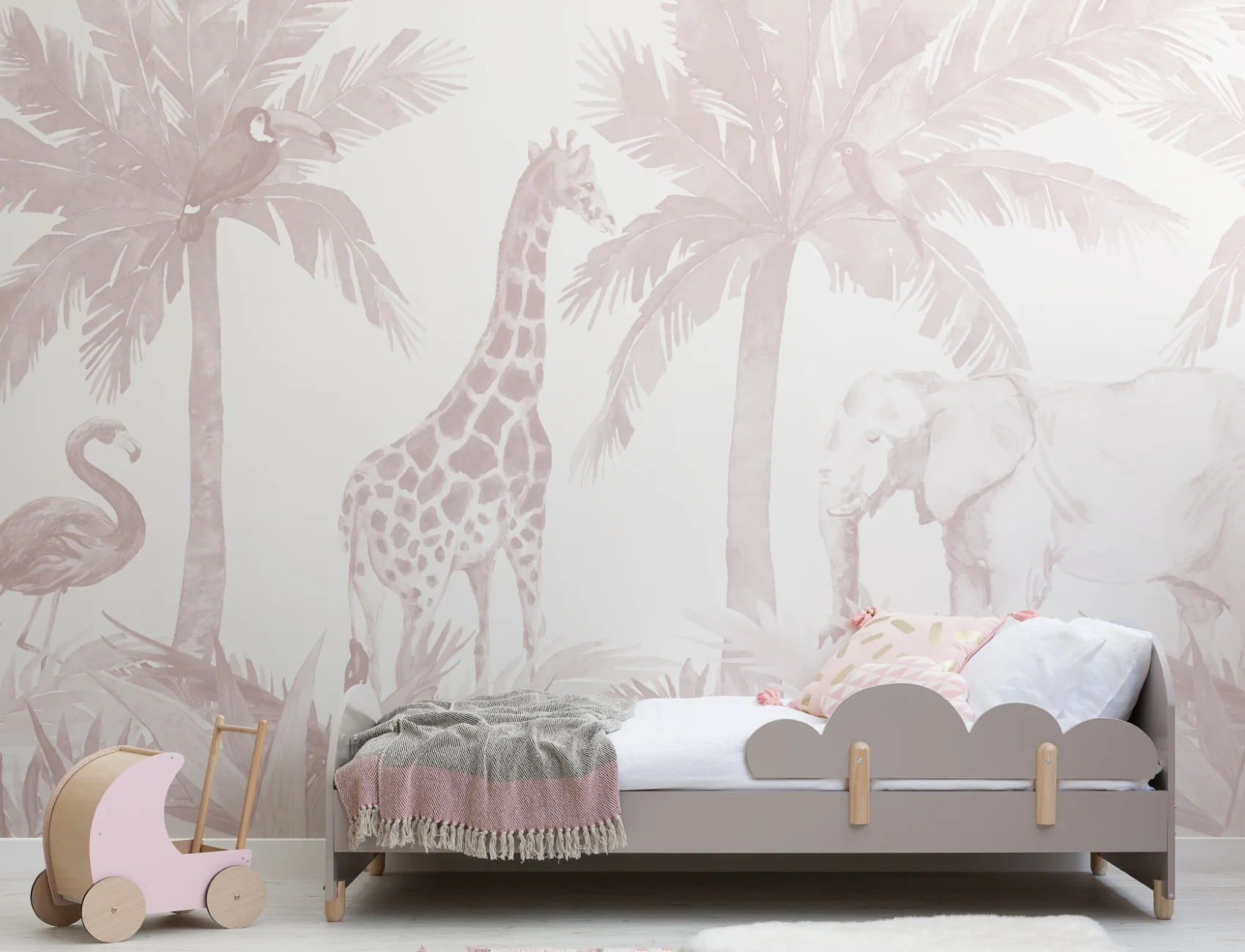 Pink Watercolor Jungle Nursery Wallpaper Mural
