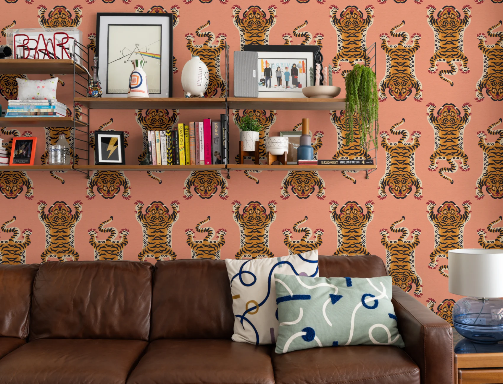 Orange Tibetan Tiger Repeat Pattern Wallpaper