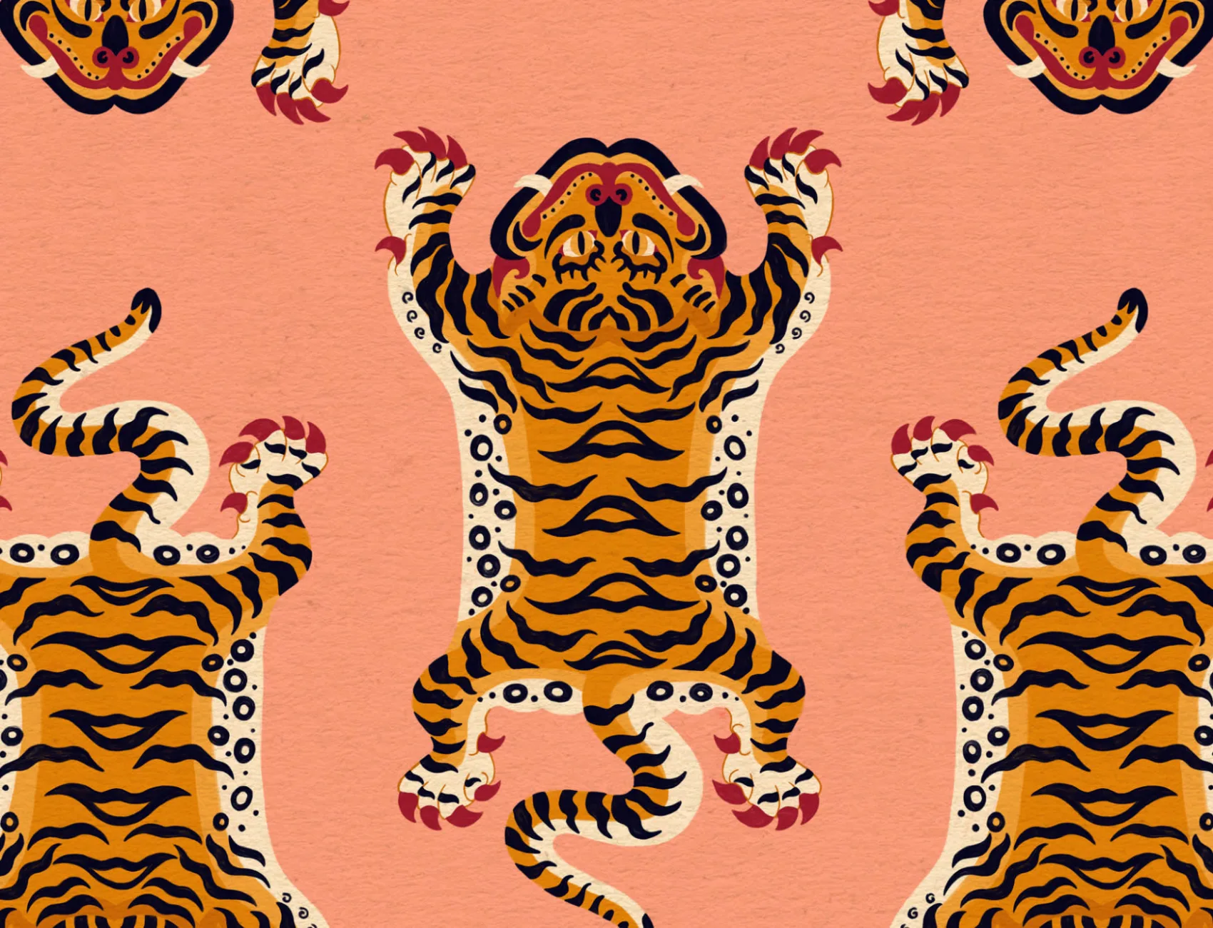 Orange Tibetan Tiger Repeat Pattern Wallpaper