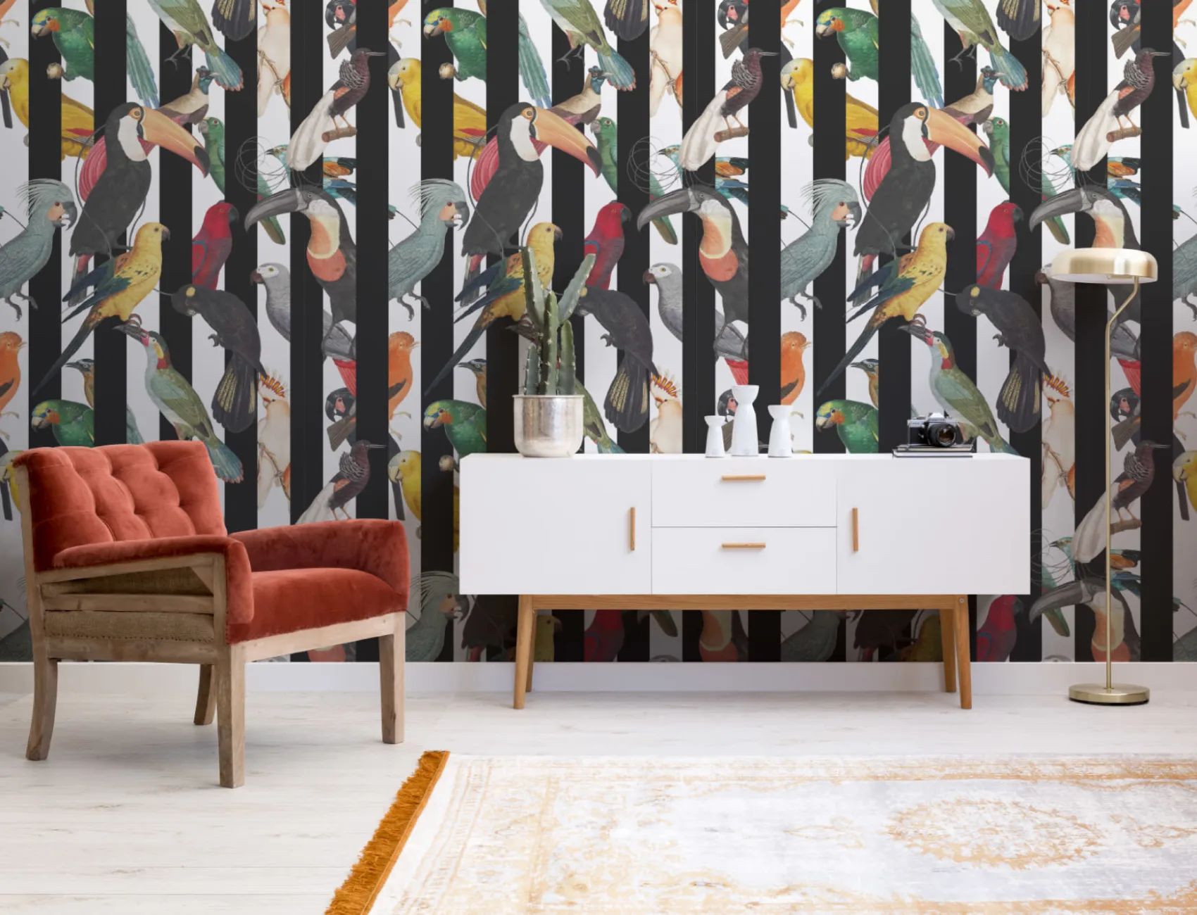 Colorful Tropical Birds & Stripes Pattern Wallpaper Mural
