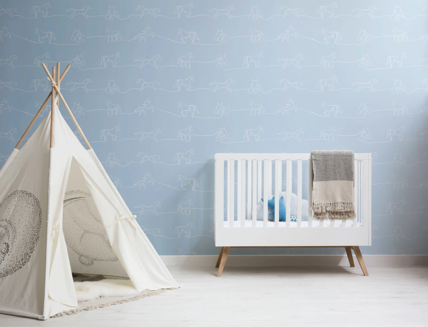 White & Blue Line Drawing Horse Pattern Wallpaper Mural