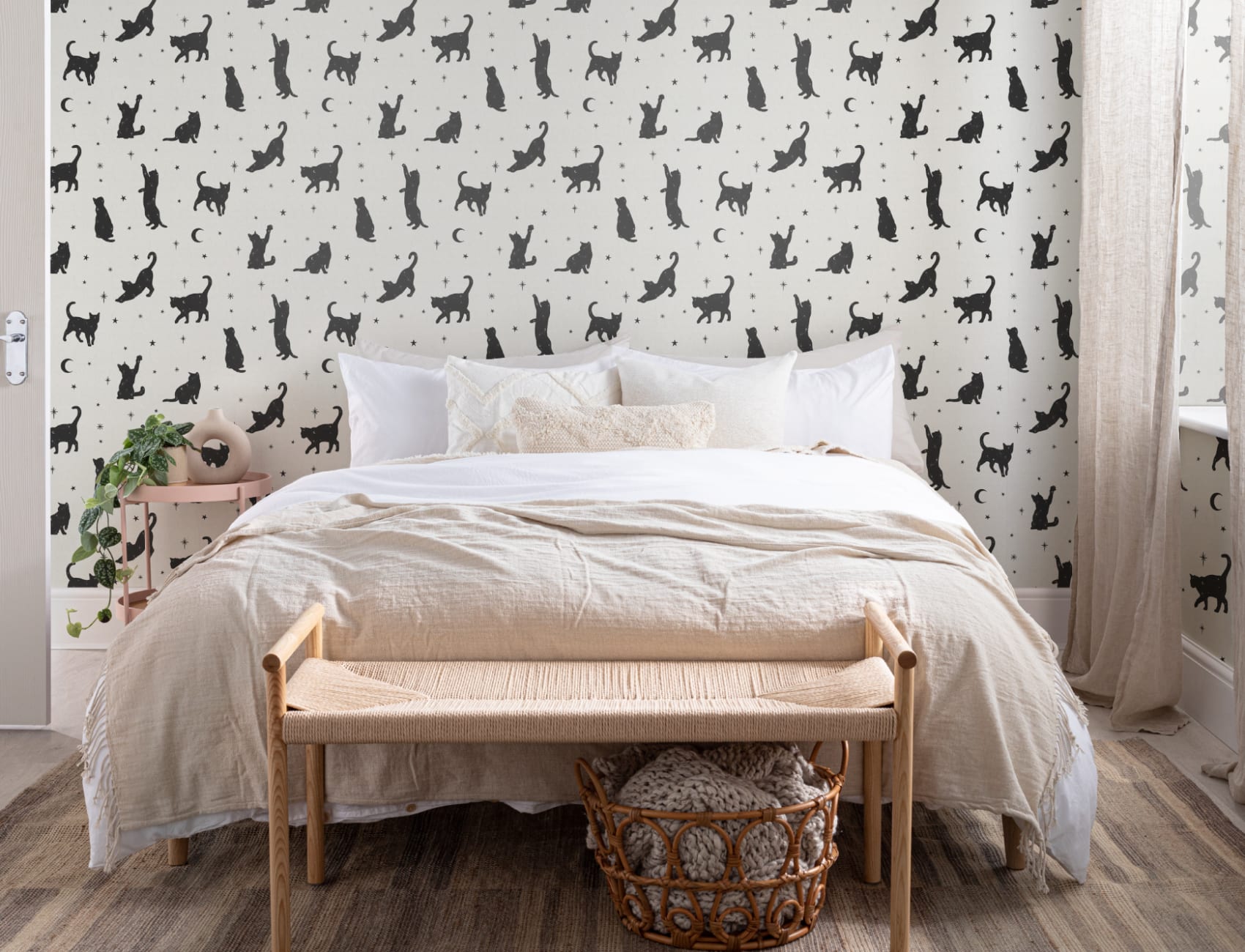 Mural Papel Pintado Blanco y Negros con Motivo de Gatos y Estrellas