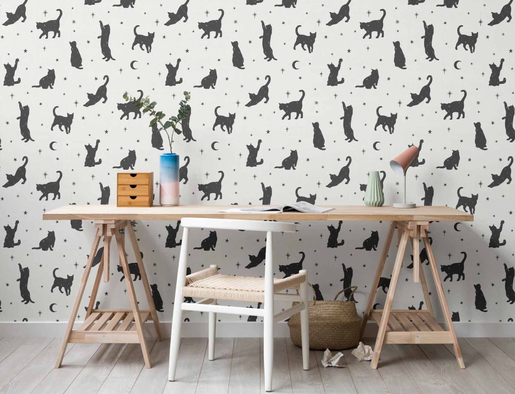 Mural Papel Pintado Blanco y Negros con Motivo de Gatos y Estrellas