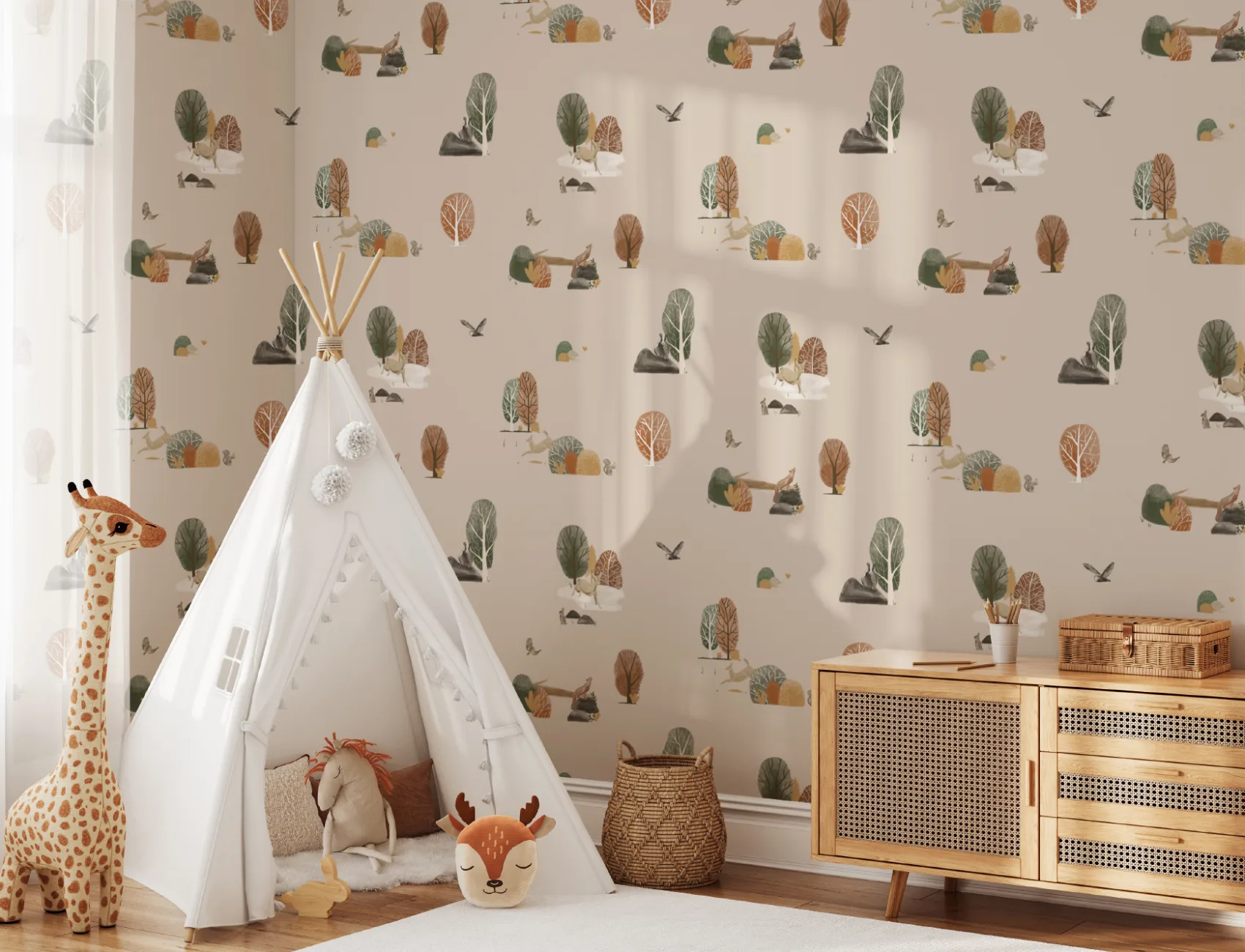 Papel Pintado Niños con Motivos de Animales del Bosque en Otoño