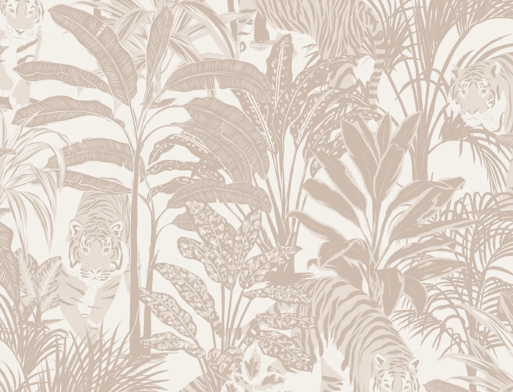 Beige Tropische Tiger Mustertapete mit Dschungel Pflanzen