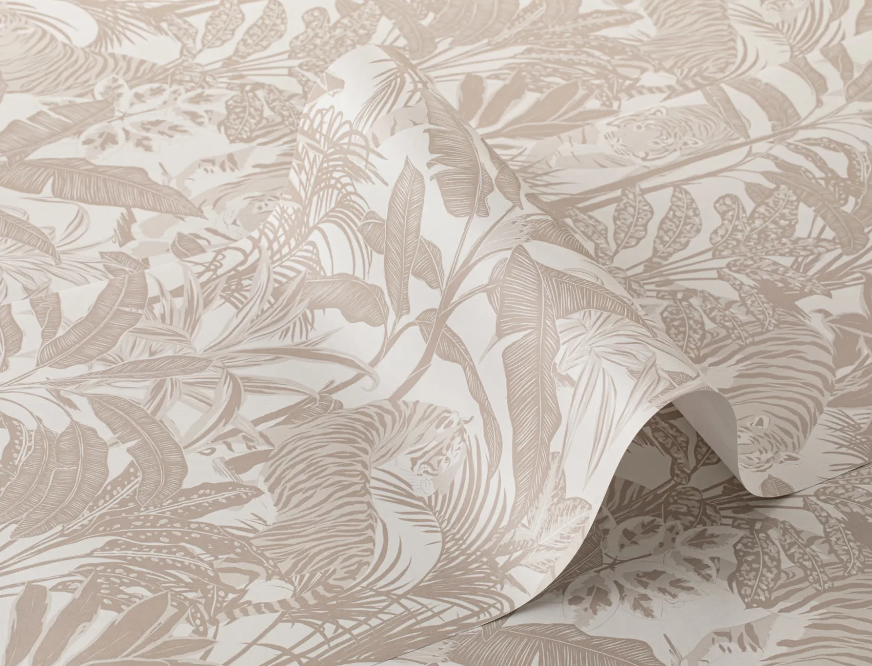 Beige Tropische Tiger Mustertapete mit Dschungel Pflanzen