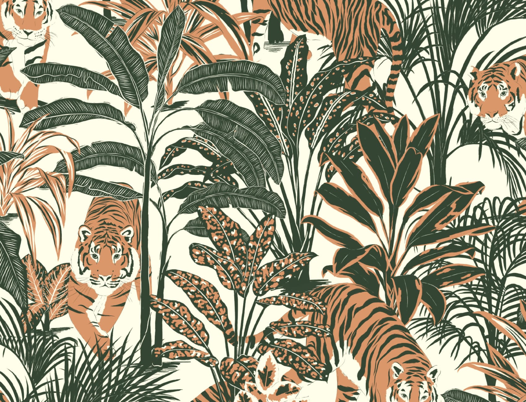 Papel Pintado Patrón de Tigres y Plantas Tropicales