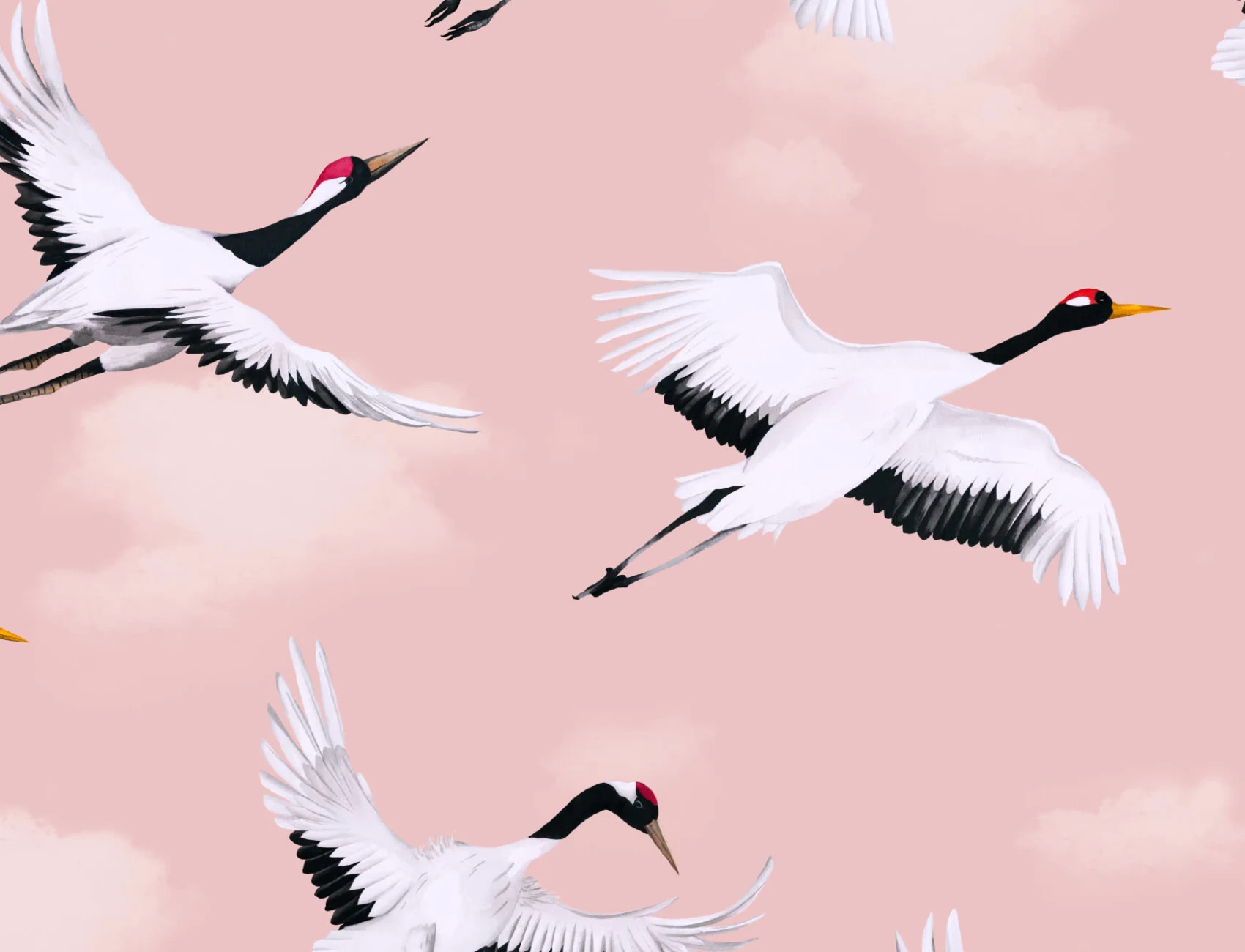 Flying Japanese Cranes Pink Repeat Pattern Wallpaper