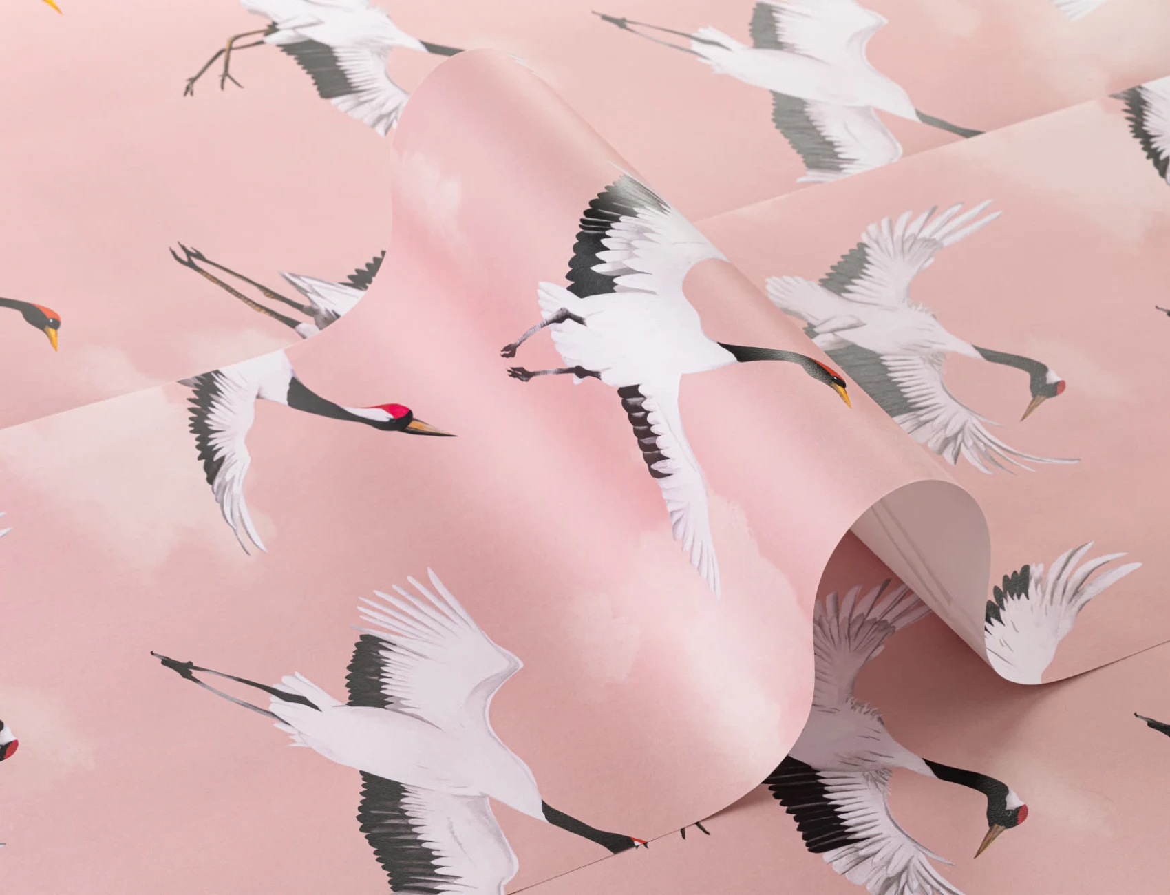 Flying Japanese Cranes Pink Repeat Pattern Wallpaper