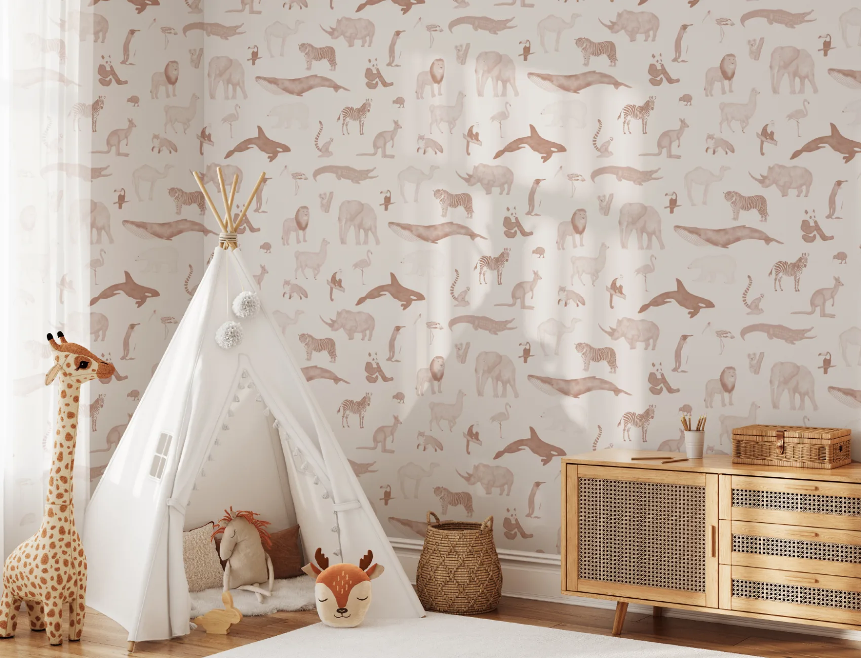 Terracotta Watercolor Animals Repeat Pattern Wallpaper