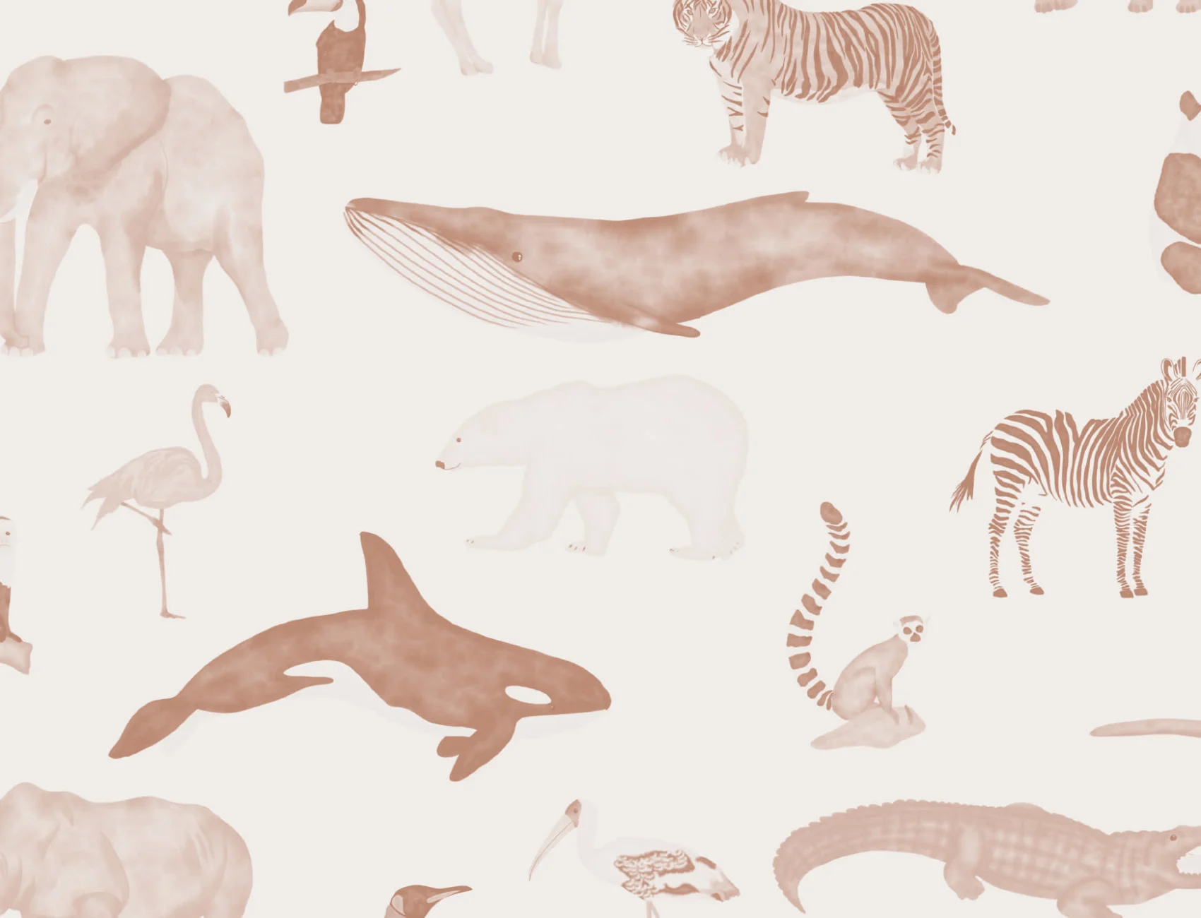 Terracotta Watercolor Animals Repeat Pattern Wallpaper