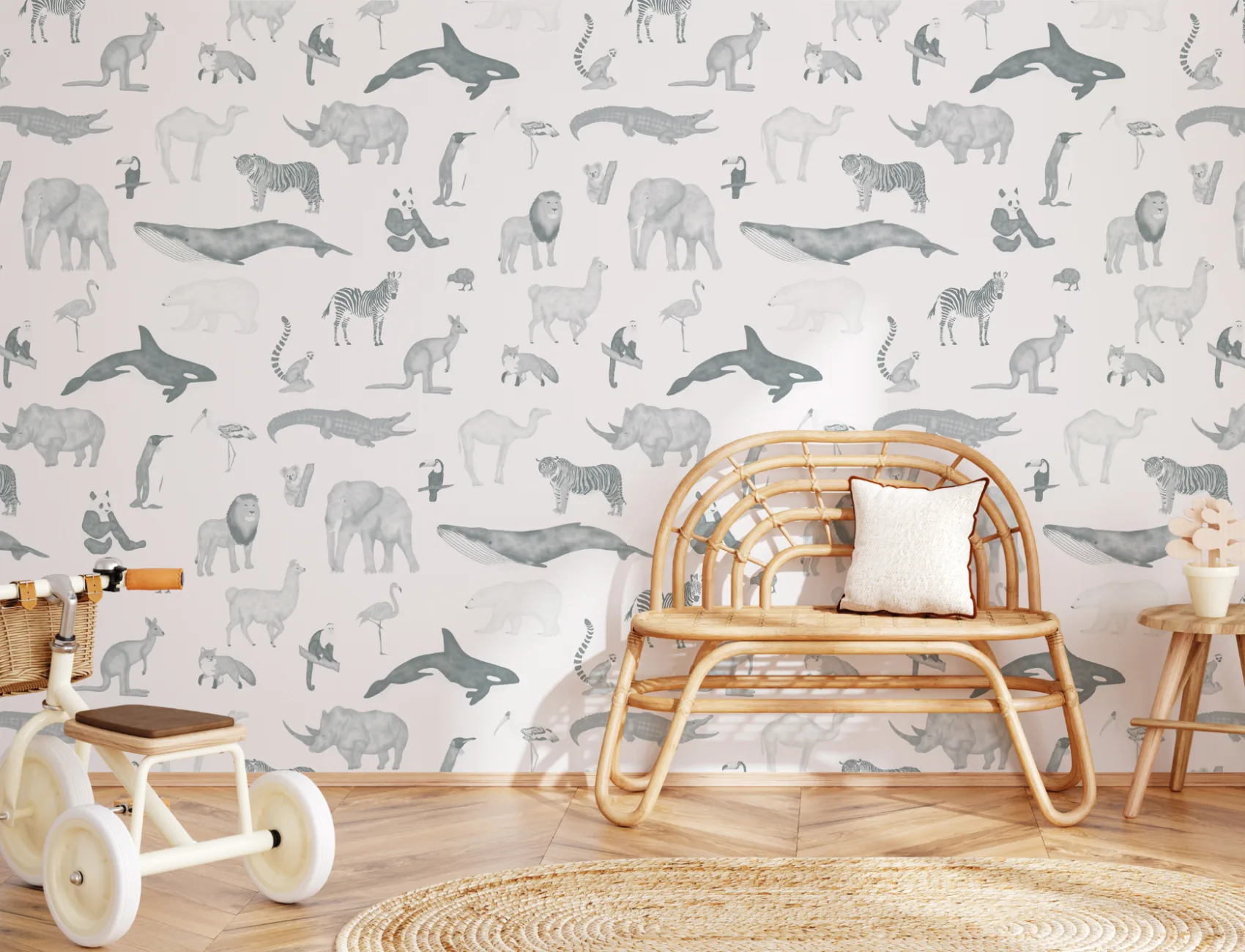 Blue Watercolor Animals Repeat Pattern Wallpaper