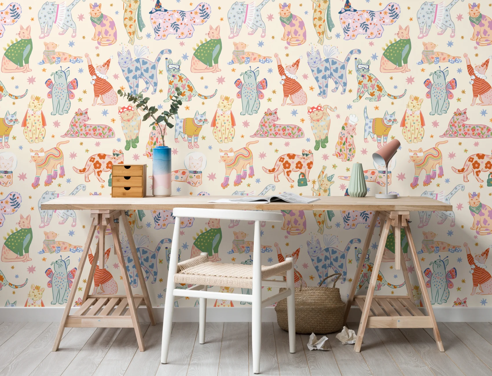 Bright Cats in Outfits Print Wallpaper Mural