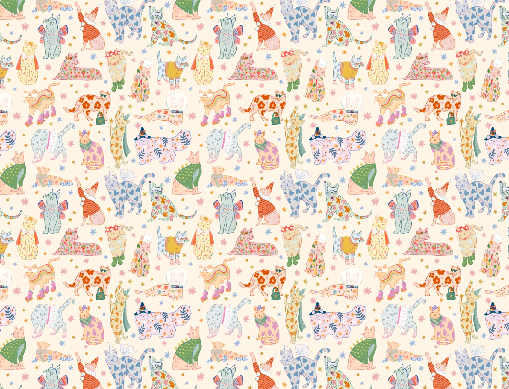 Bright Cats in Outfits Print Wallpaper Mural