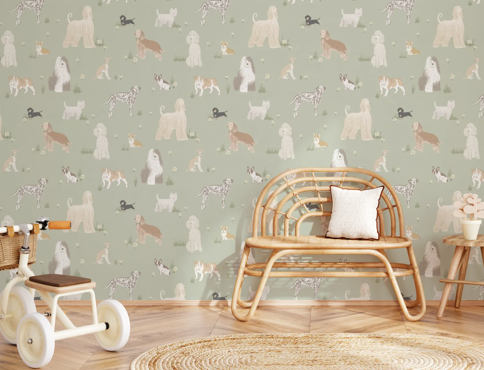 Mural Delight com Padrão Caprichoso Verde de Cães