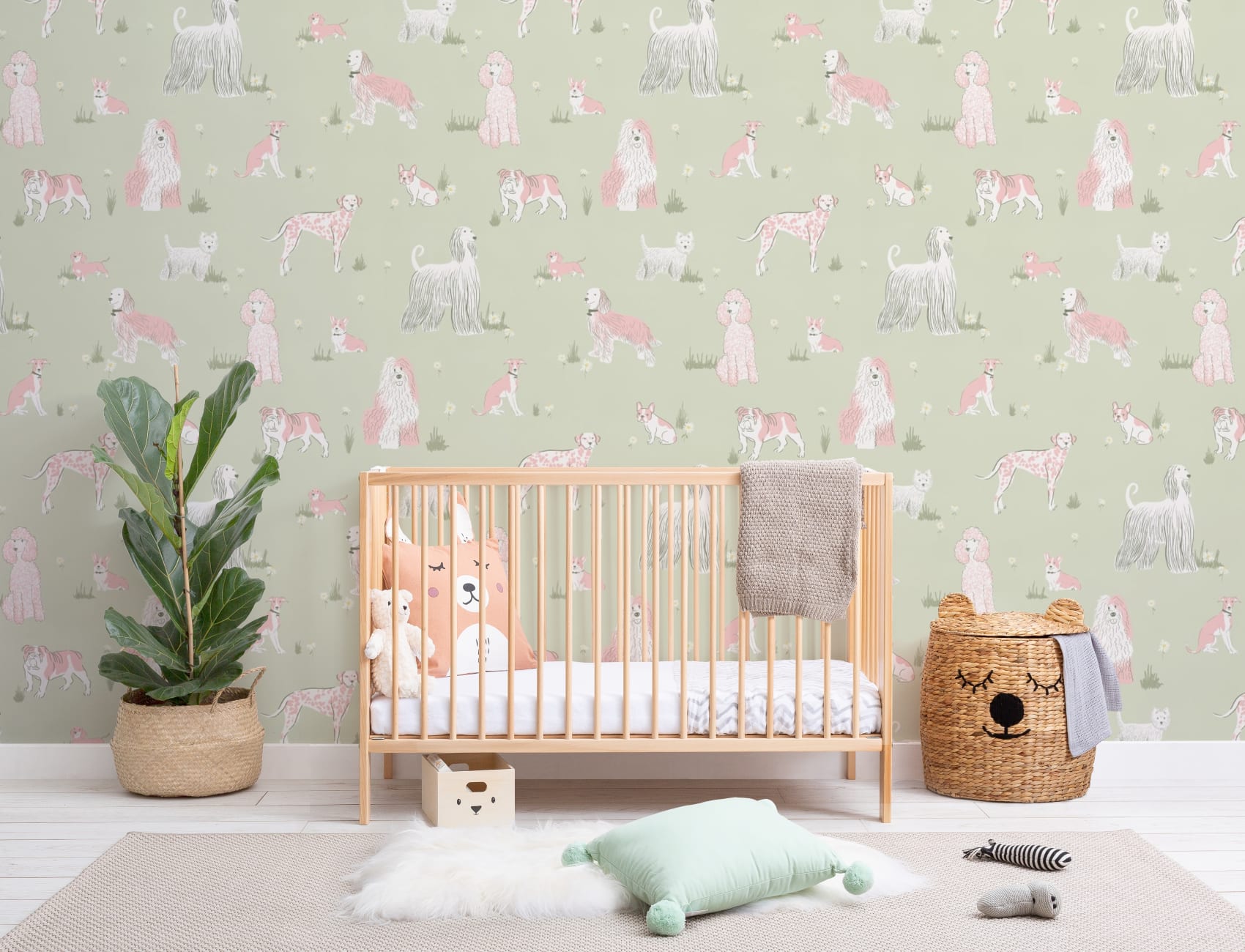 Groene en Roze Speelse Honden Muurschildering