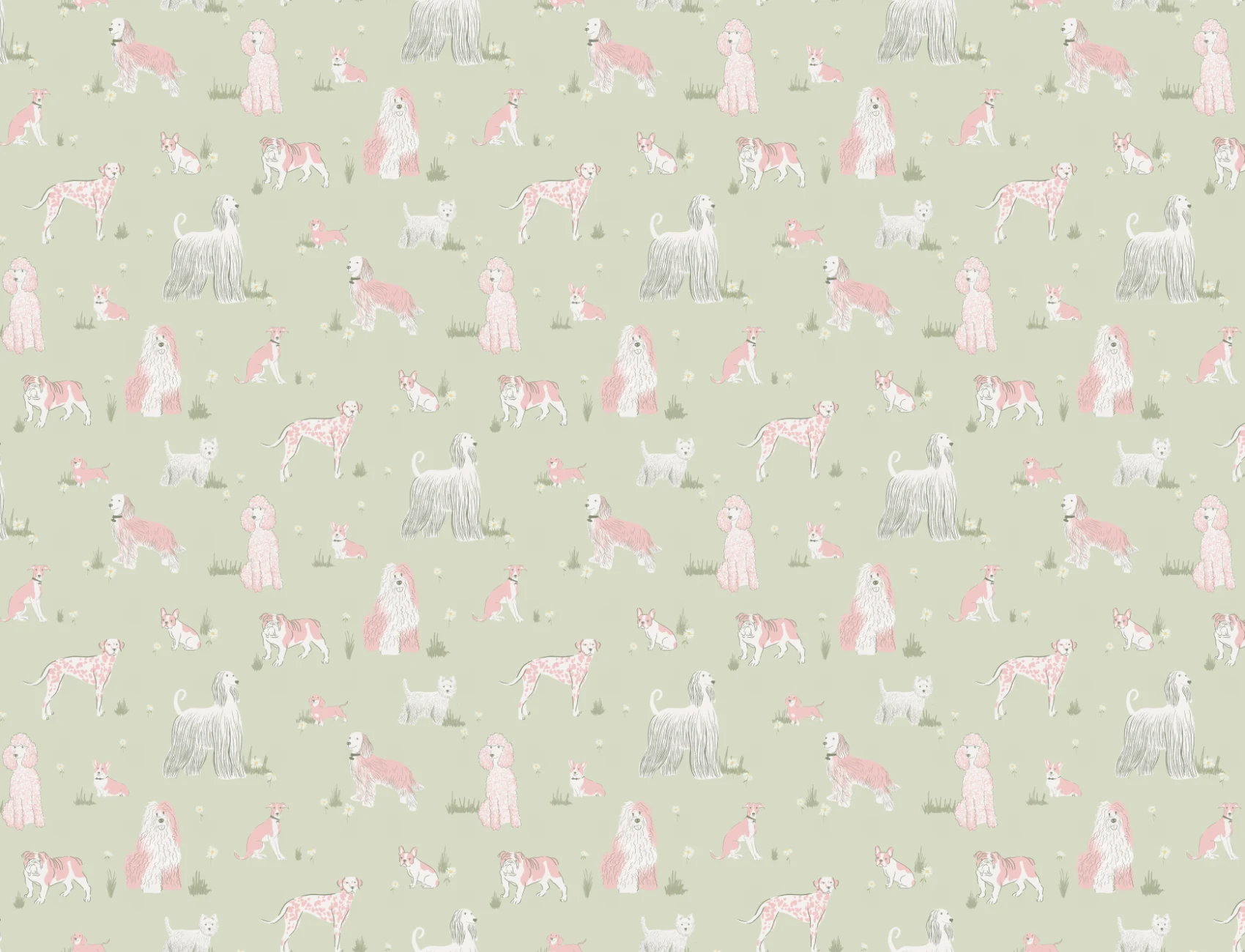Groene en Roze Speelse Honden Muurschildering