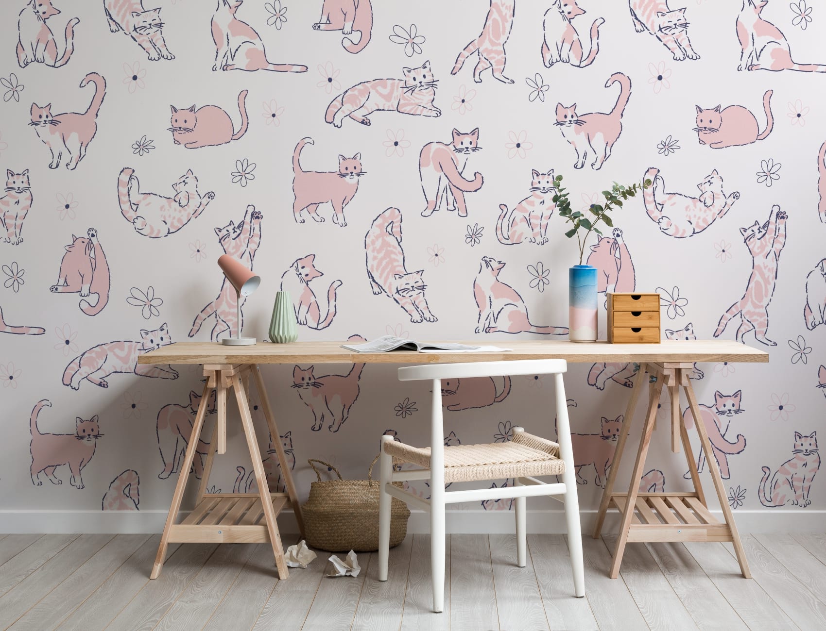 Pink Playful Cats Kids' Animal Theme Mural