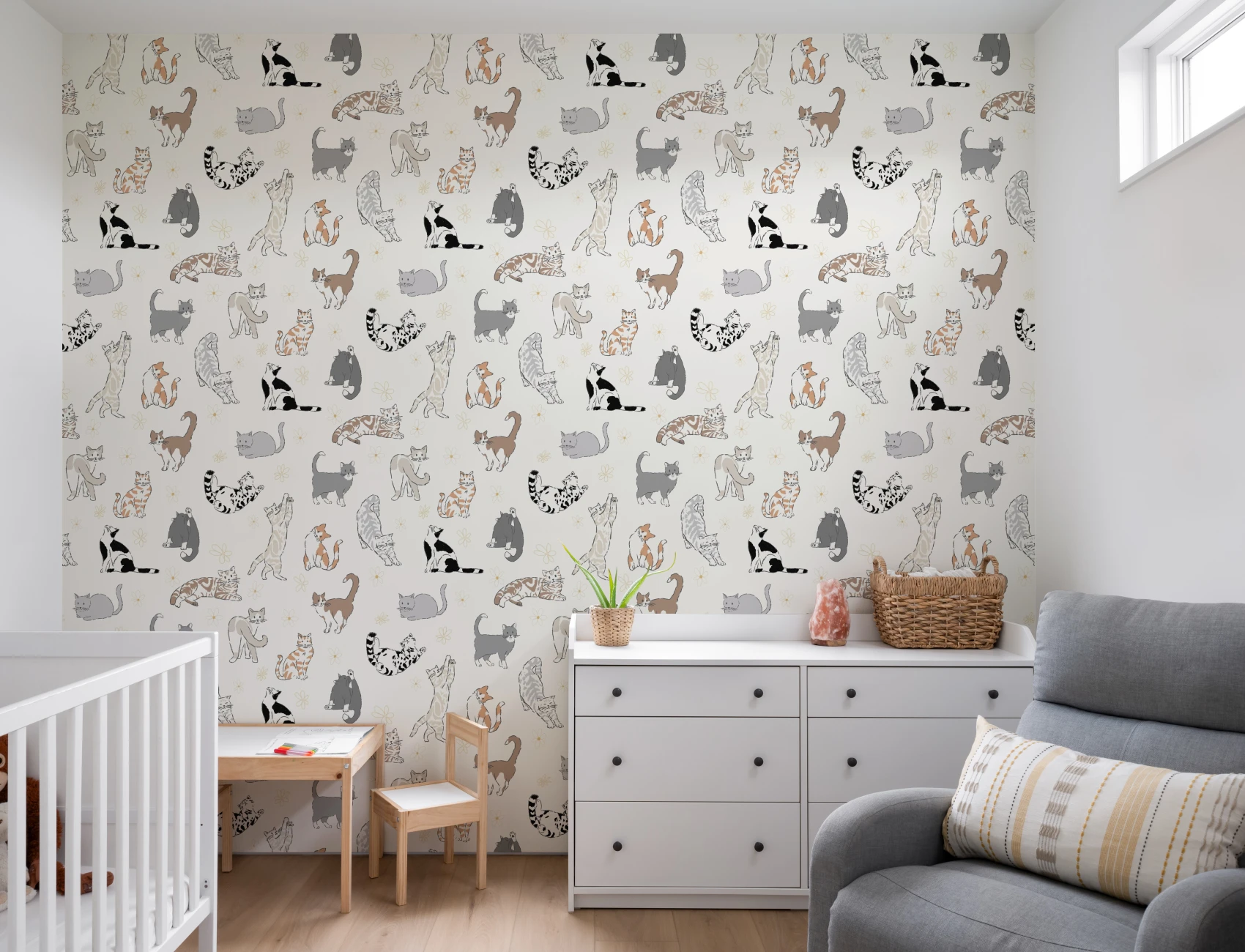 Neutrale Kattenpatroon Muurschildering Met Speelse Kattencharme
