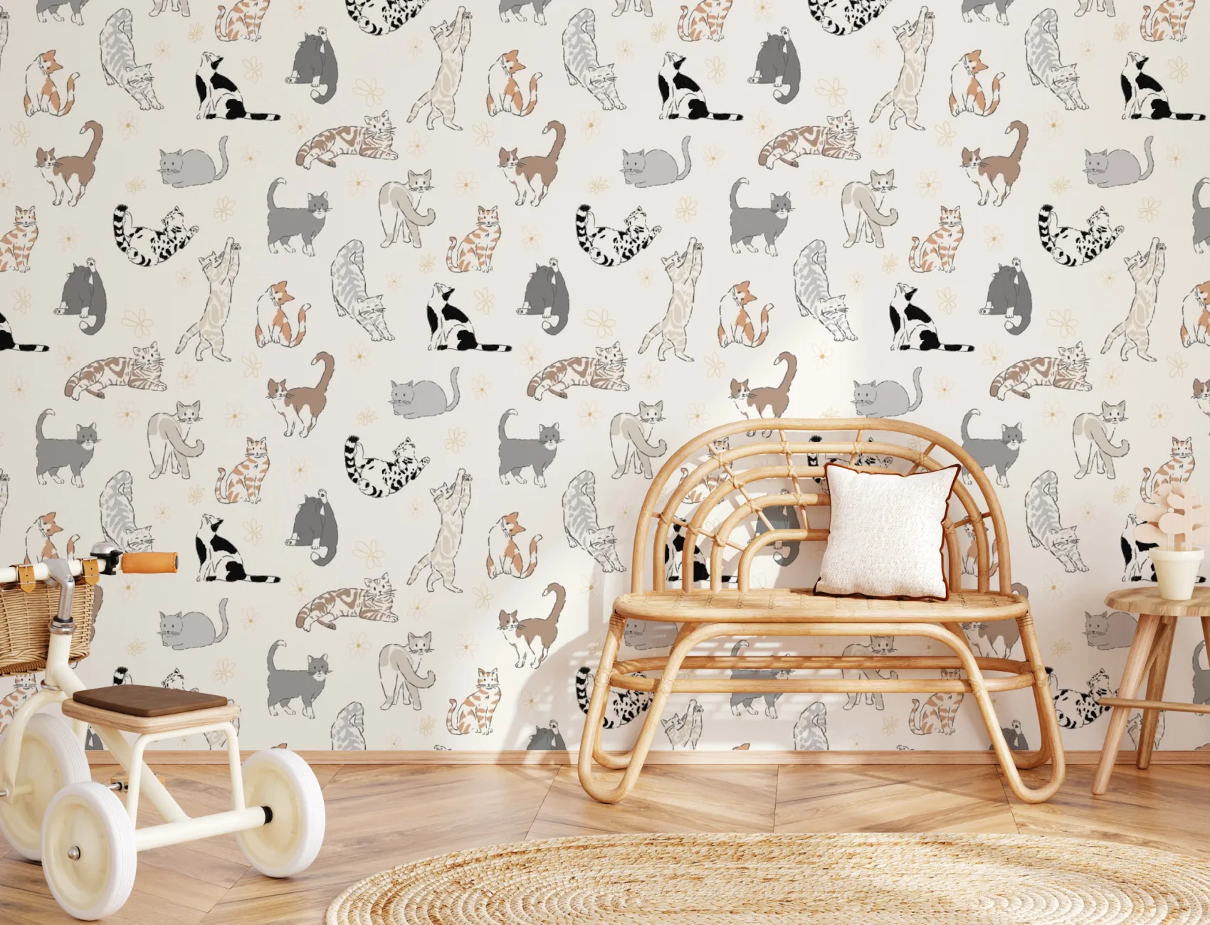 Neutrale Kattenpatroon Muurschildering Met Speelse Kattencharme