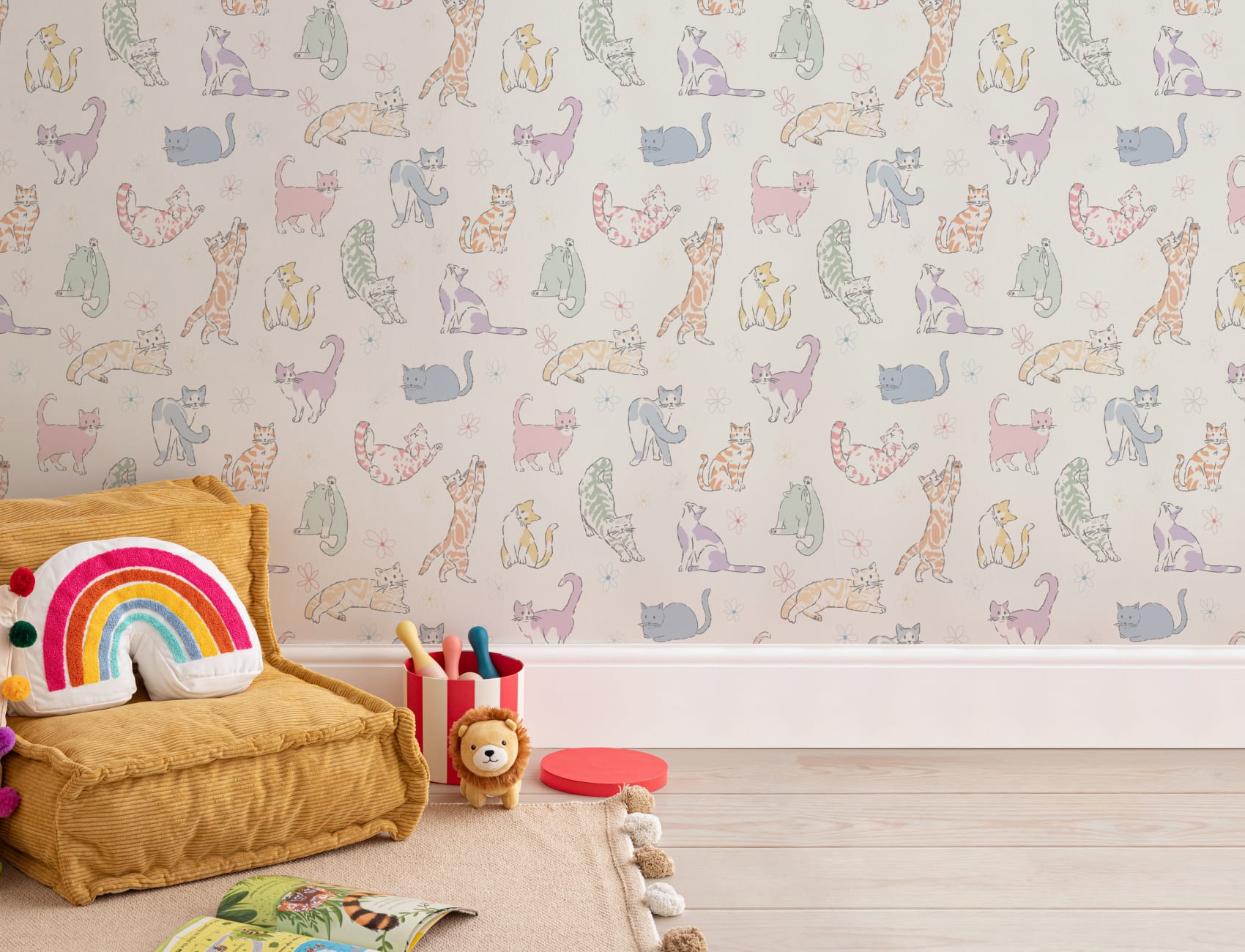 Multicolour Playful Cat Kids' Mural for Cheerful Spaces