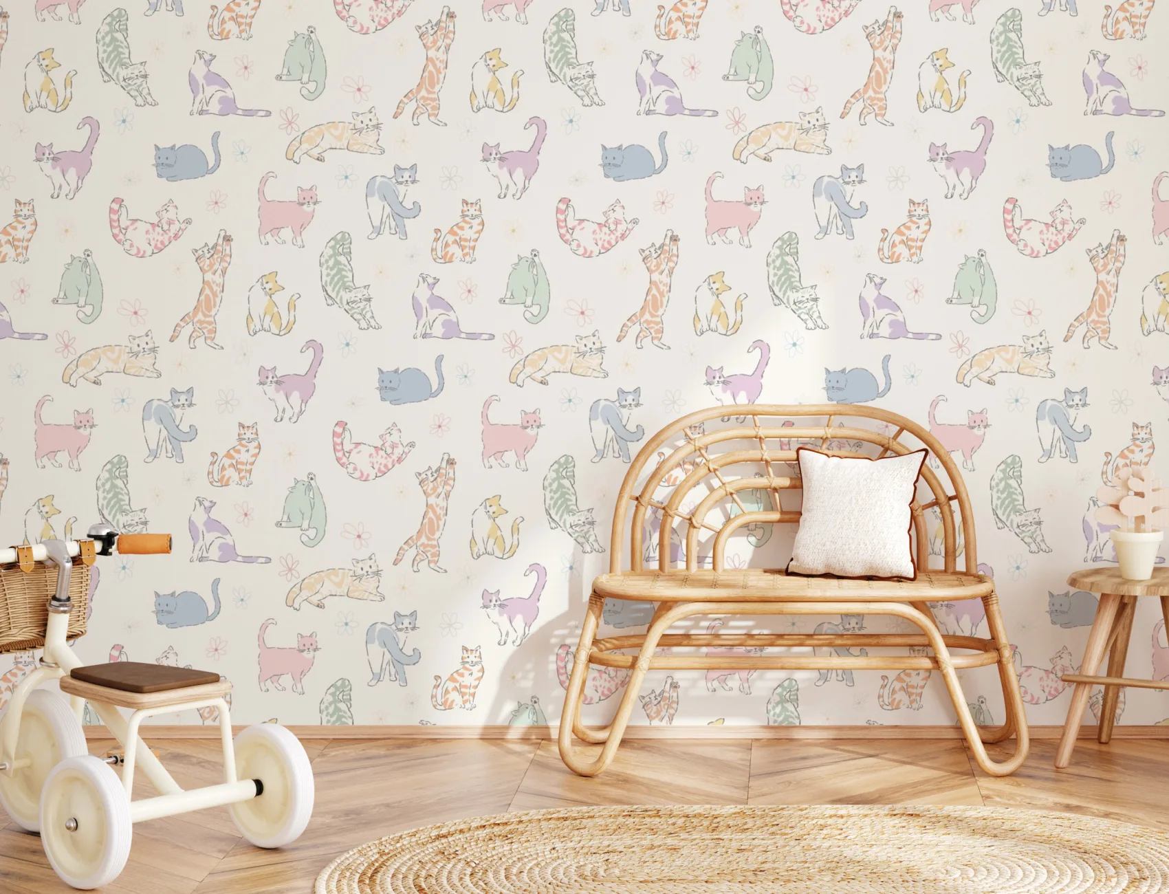Multicolour Playful Cat Kids' Mural for Cheerful Spaces