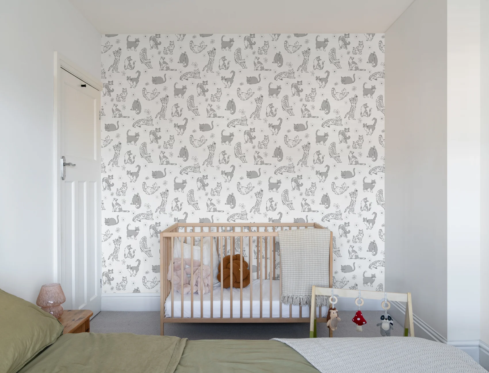 Grijs kattenpatroon kindermuurschildering voor speelse ruimtes