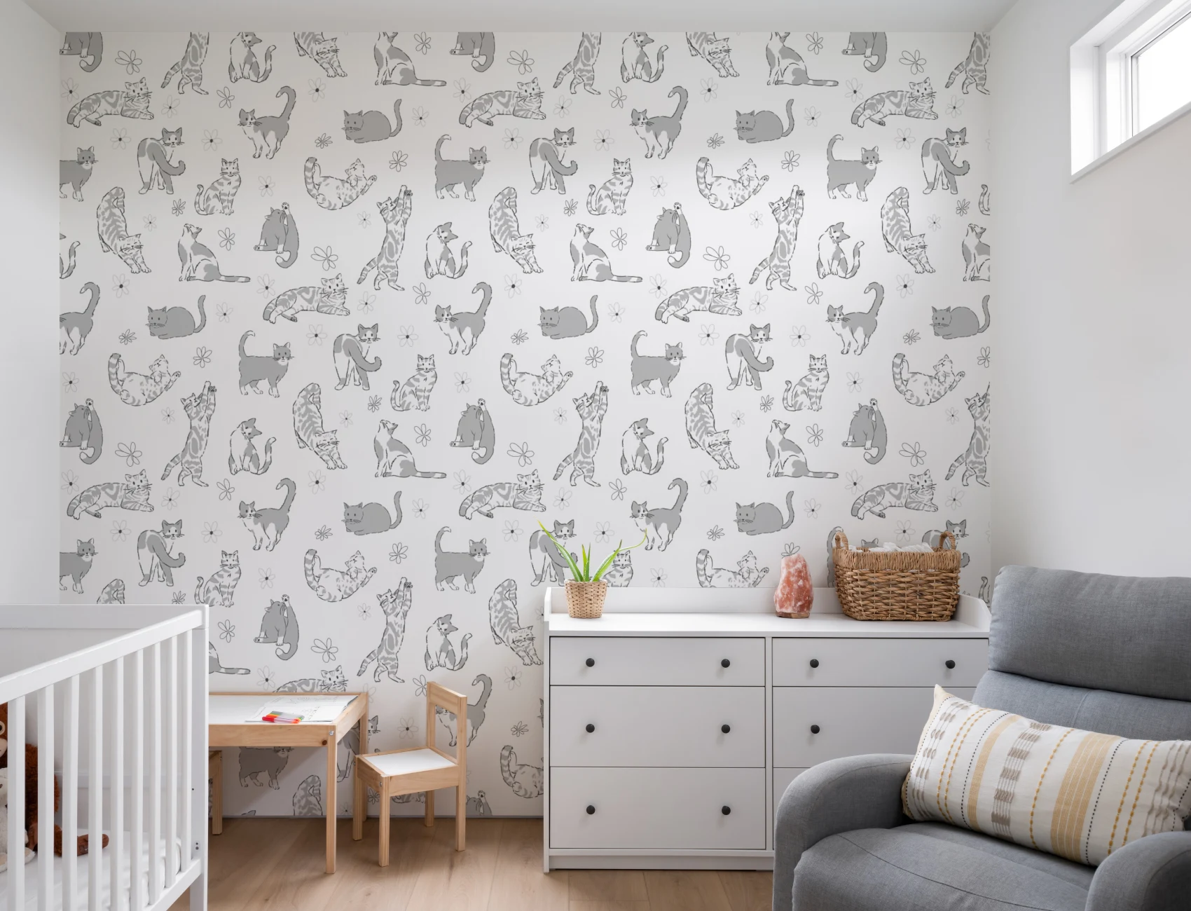 Grijs kattenpatroon kindermuurschildering voor speelse ruimtes