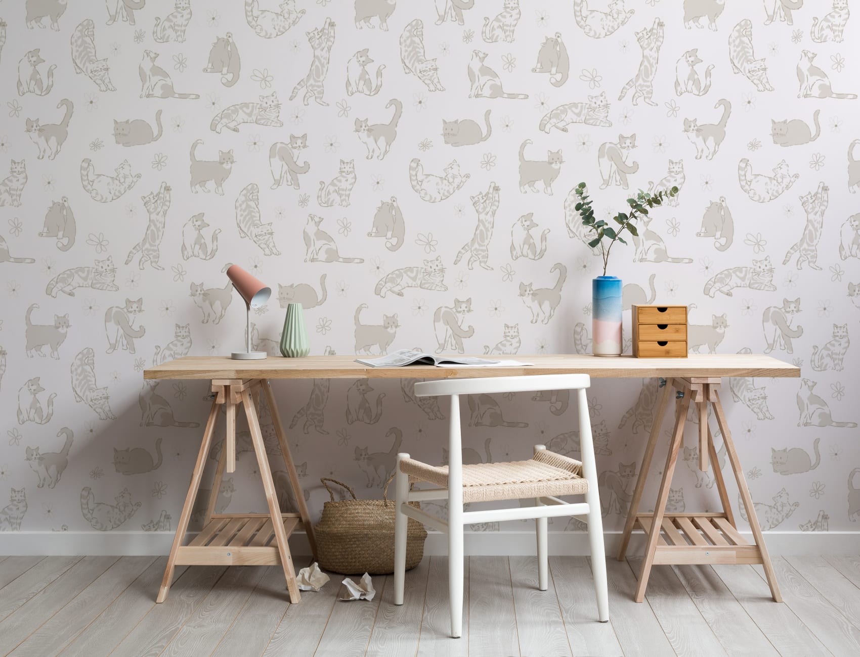 Crèmekleurig kattenpatroon beige kindermuurschildering
