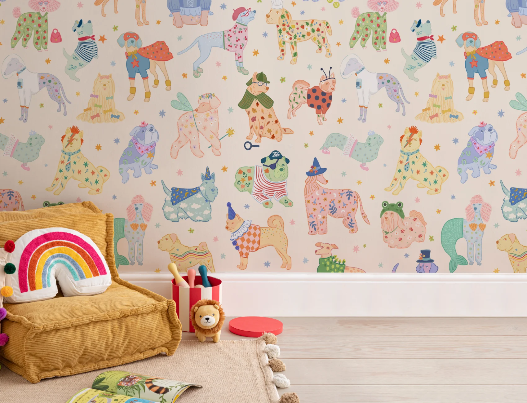 Mural de cães coloridos com fatos