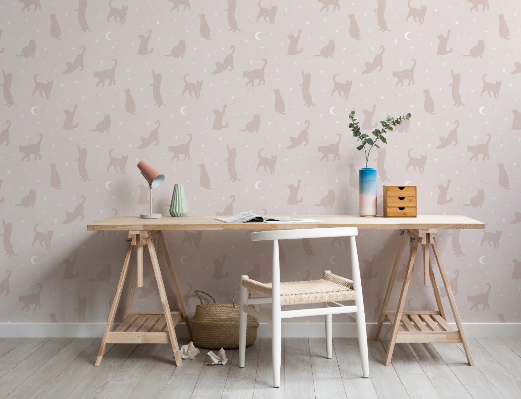Mural de papel pintado Gato rosa Luna y estrellas
