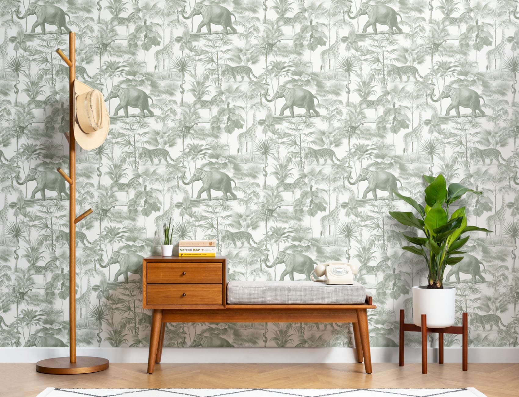 Papier peint Vert Animal de la jungle ton sur ton tropical