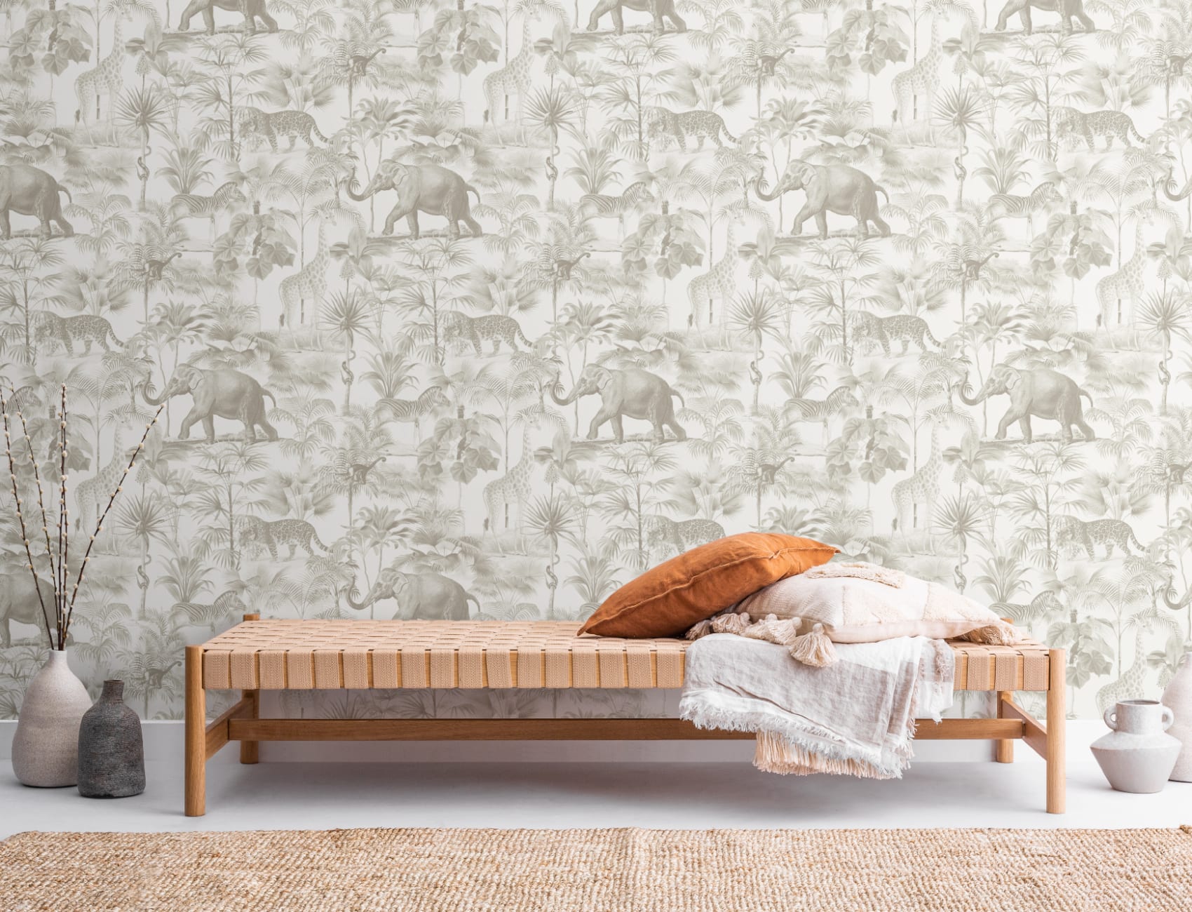 Beige tropisk tonal djungel djur tapet