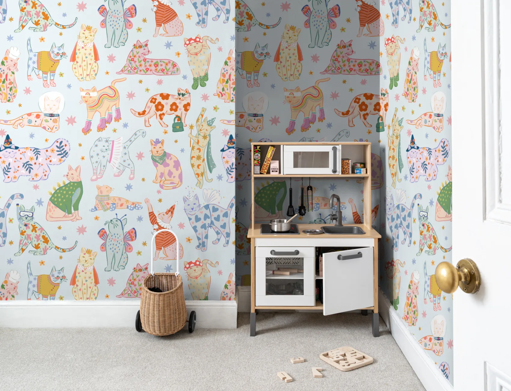 Blue Cats in Outfits Print Mural