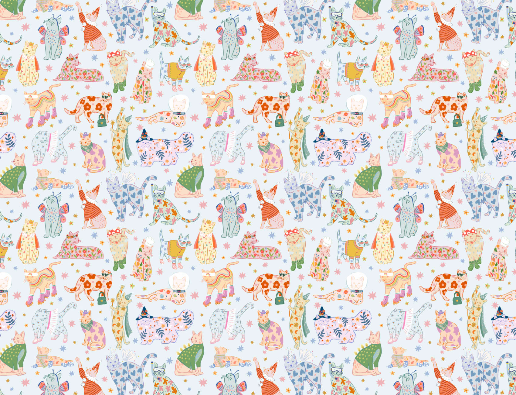 Blue Cats in Outfits Print Mural