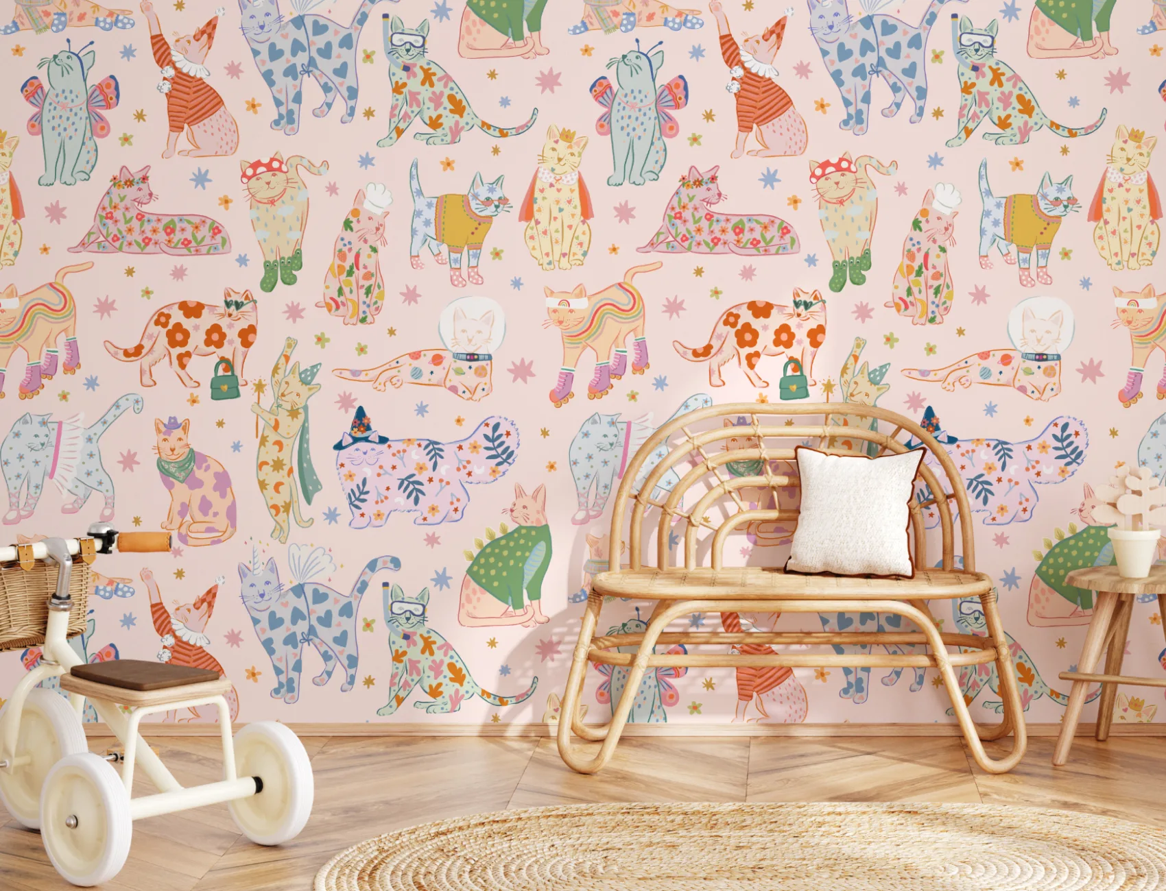 Pink Cats in Outfits Print Mural